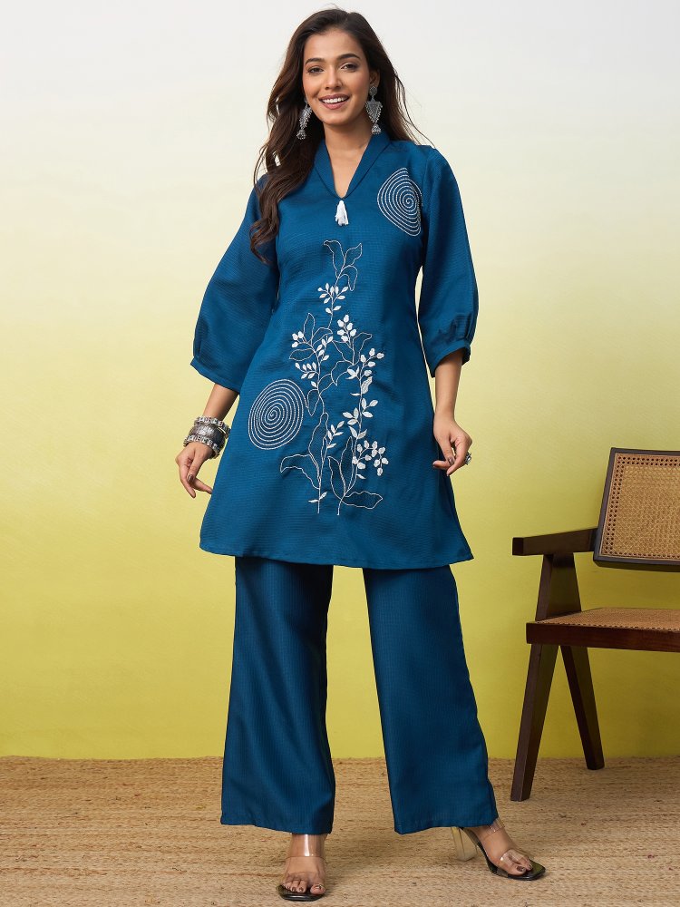 Teal Floral Embroidered Viscose Rayon Co-Ord Set