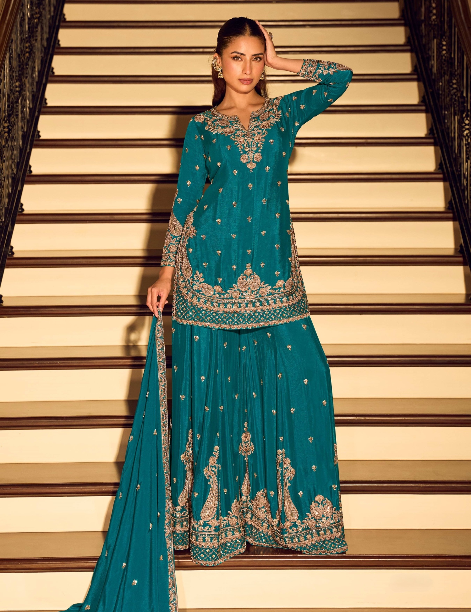 Teal Floral Embroidery Chinon Palazzo Suit