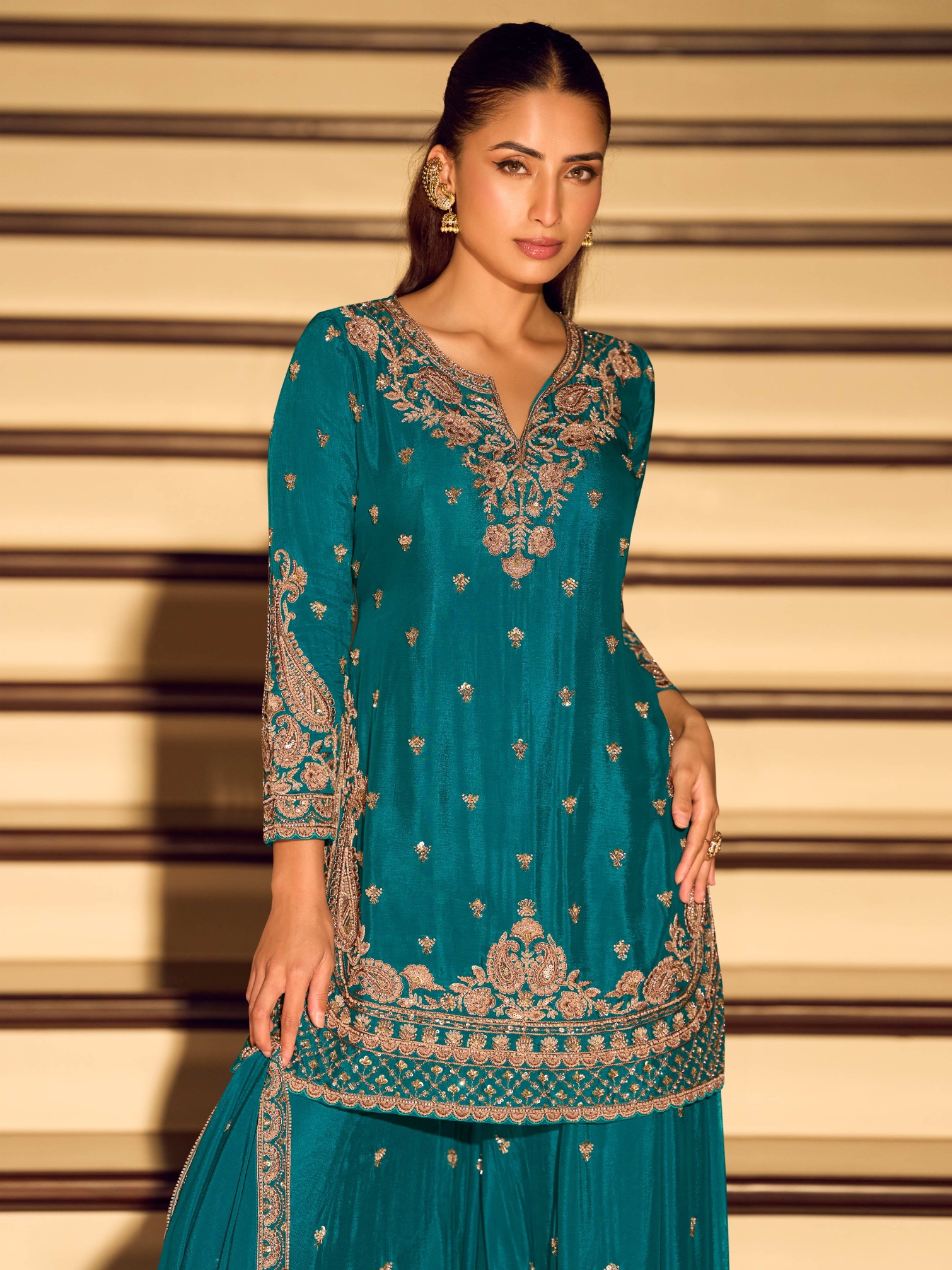 Teal Floral Embroidery Chinon Palazzo Suit