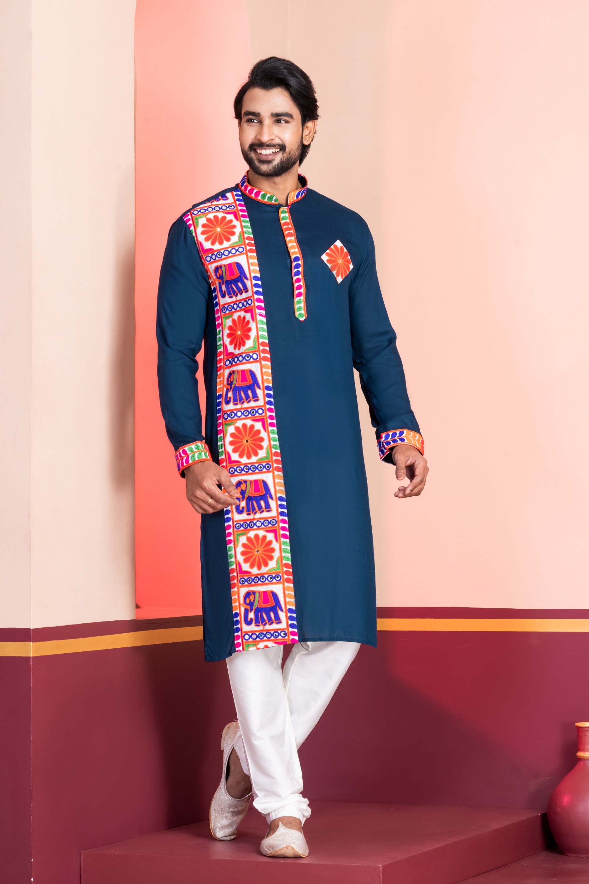 Teal Floral Embroidery Rayon Kurta Pyjama