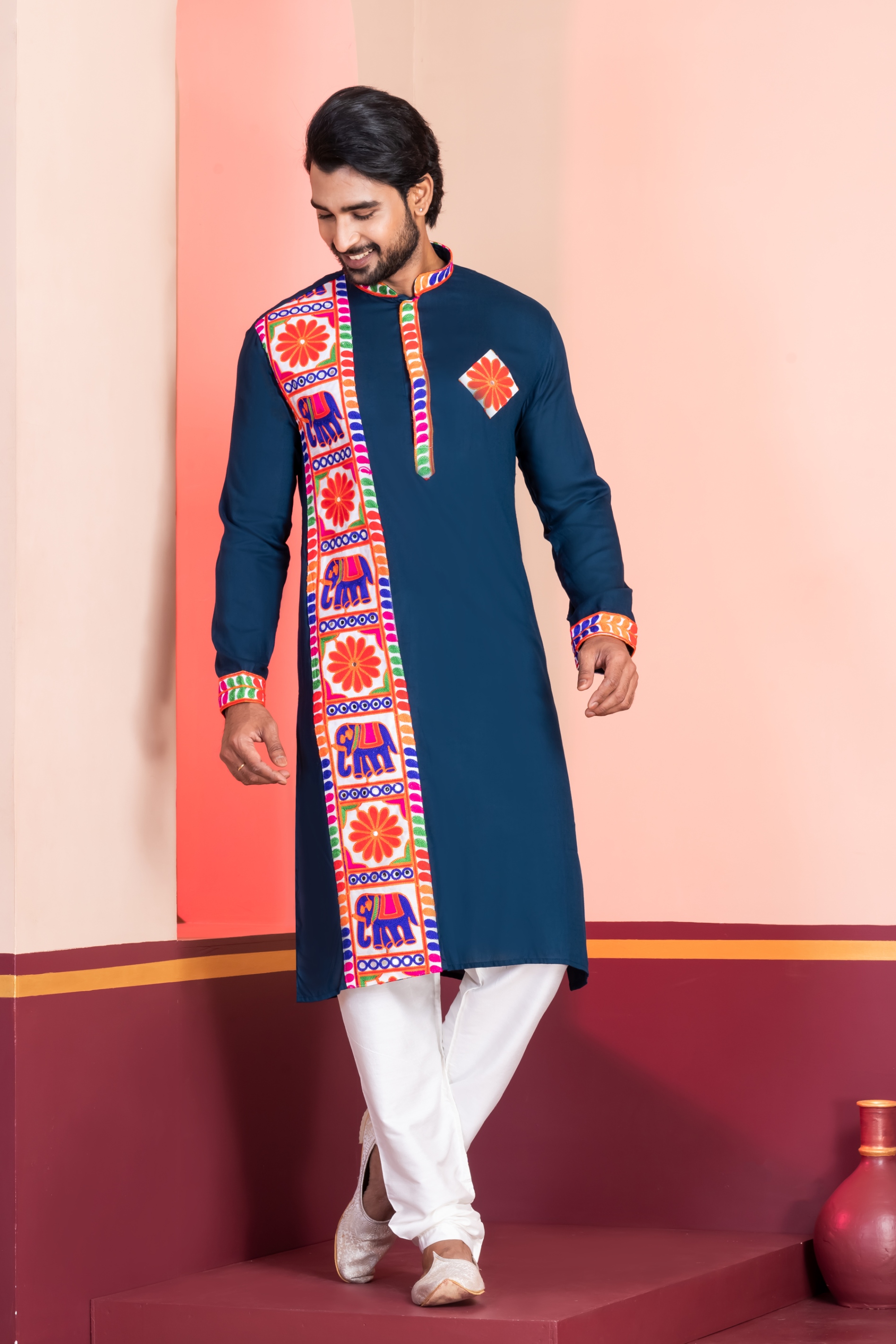 Teal Floral Embroidery Rayon Kurta Pyjama