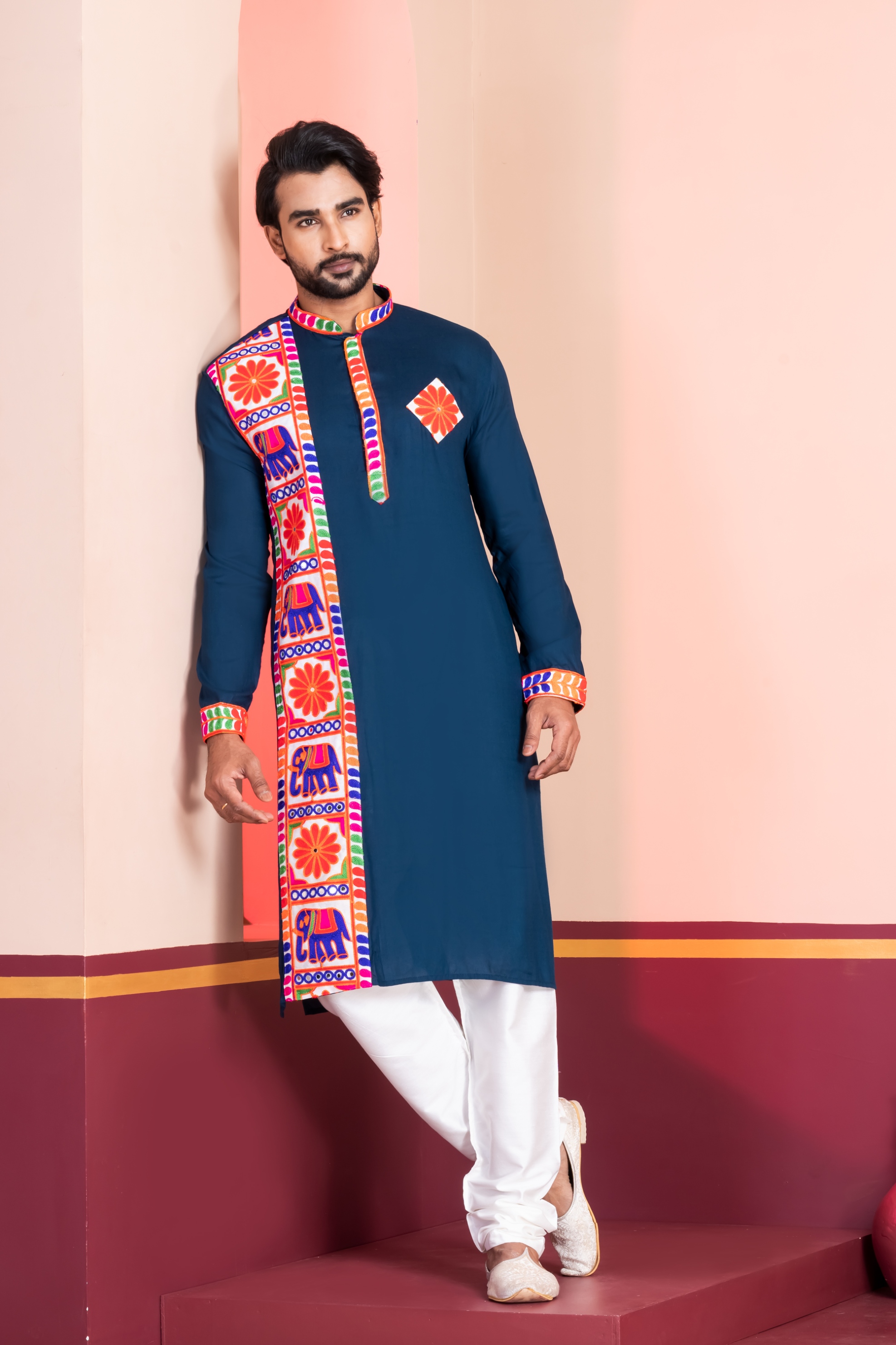 Teal Floral Embroidery Rayon Kurta Pyjama