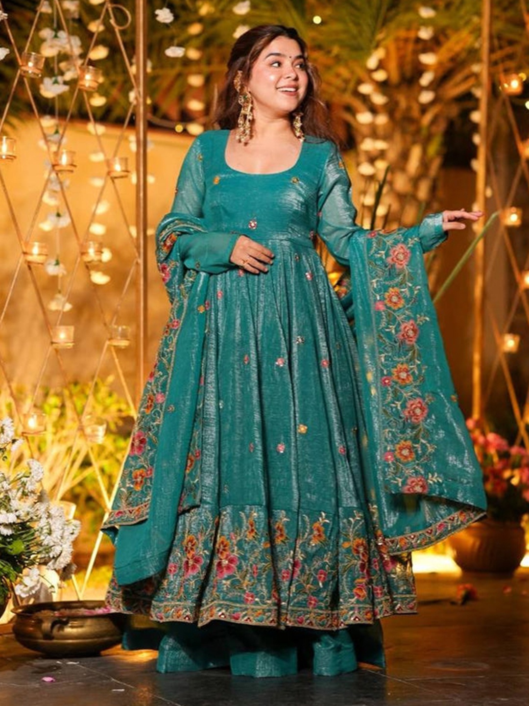 Teal Floral Embroidery Silk Kurta Set