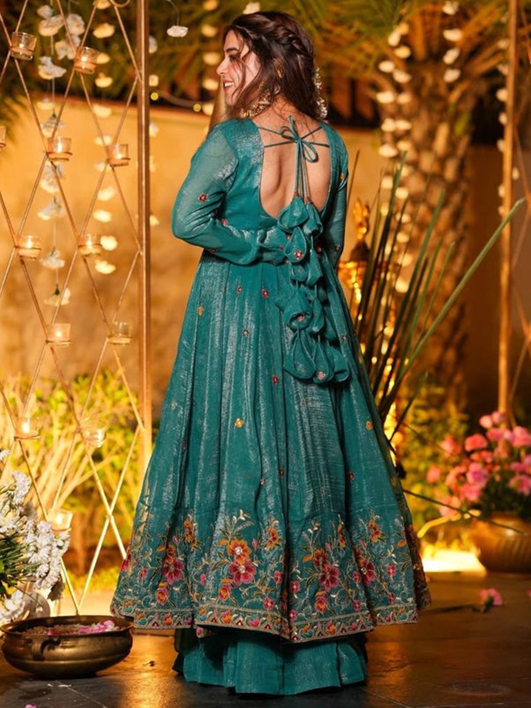 Teal Floral Embroidery Silk Kurta Set — alternate view