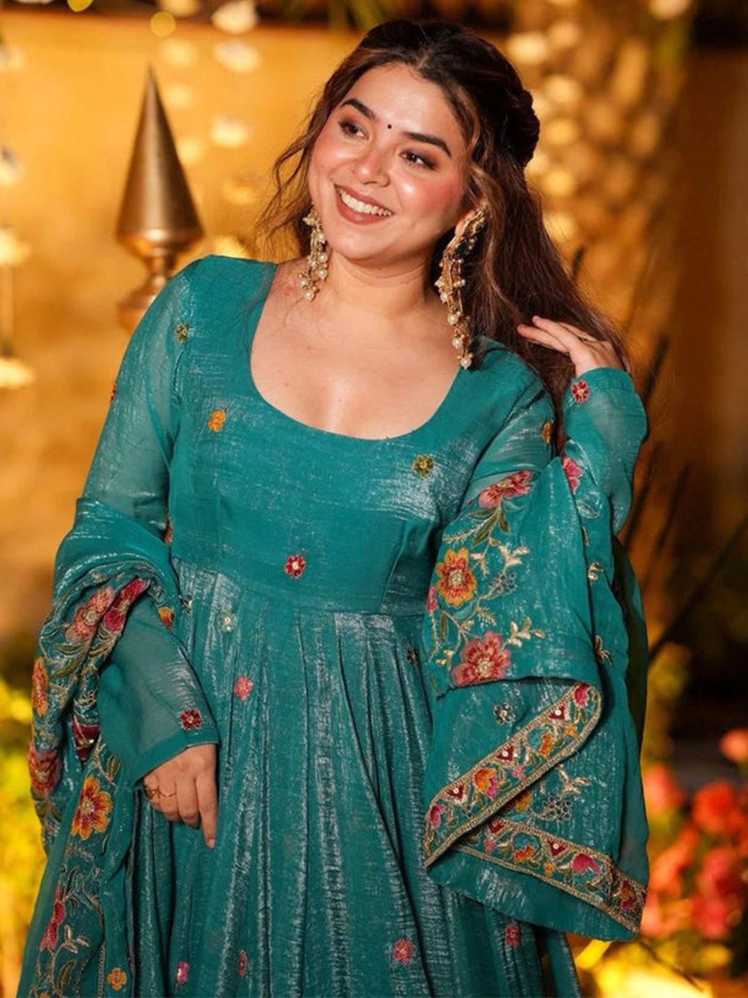 Teal Floral Embroidery Silk Kurta Set