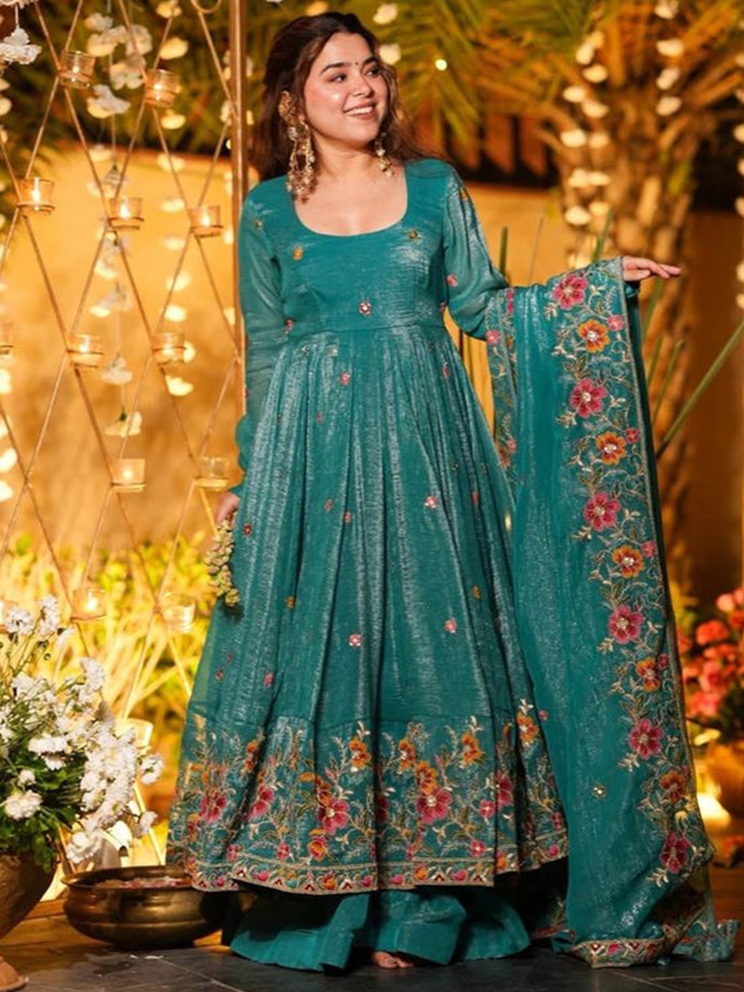 Teal Floral Embroidery Silk Kurta Set