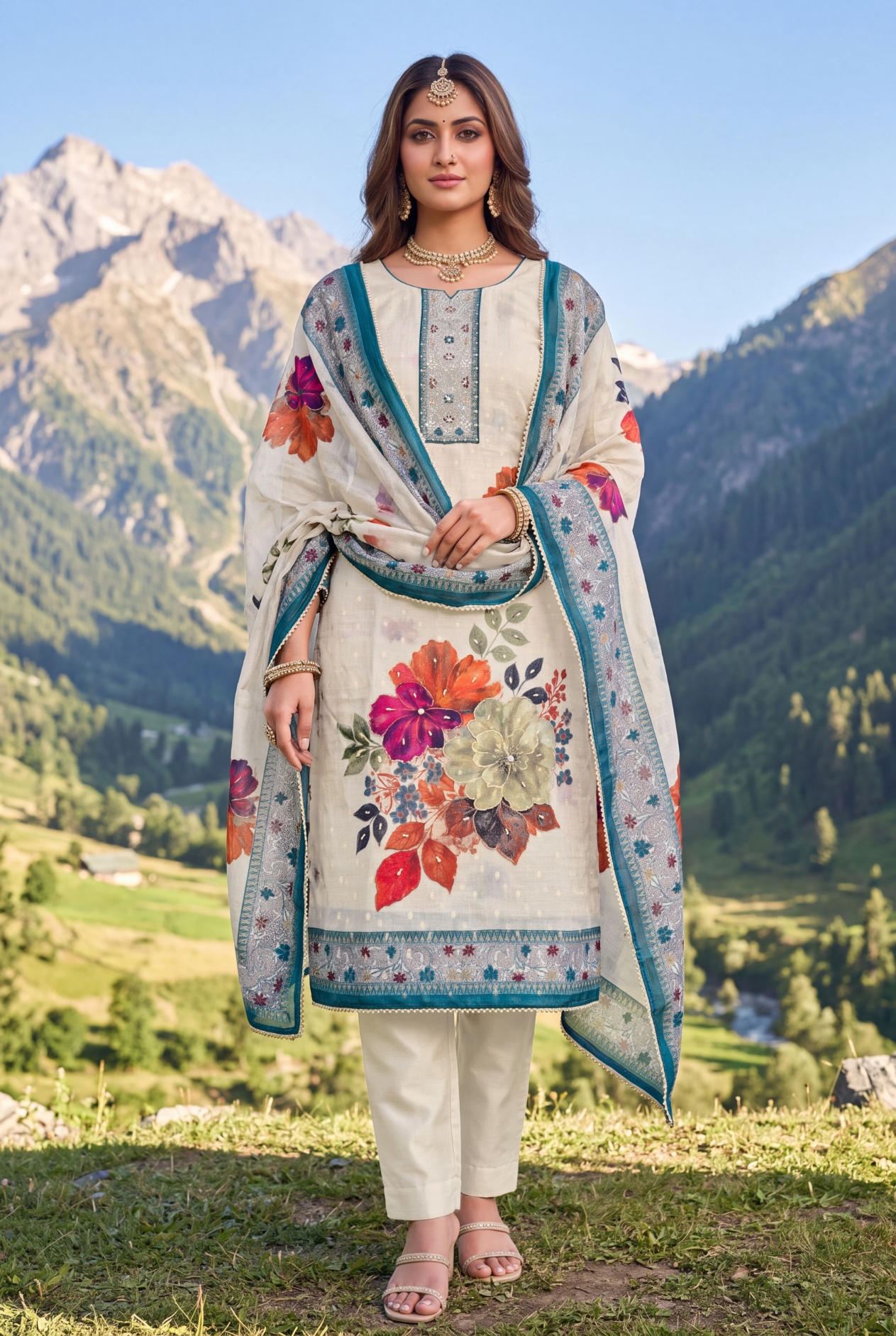 Teal Floral Hand Work Modal Cotton Salwar Suit