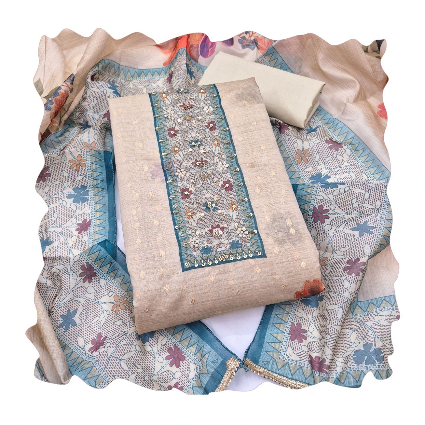 Teal Floral Hand Work Modal Cotton Salwar Suit — alternate view