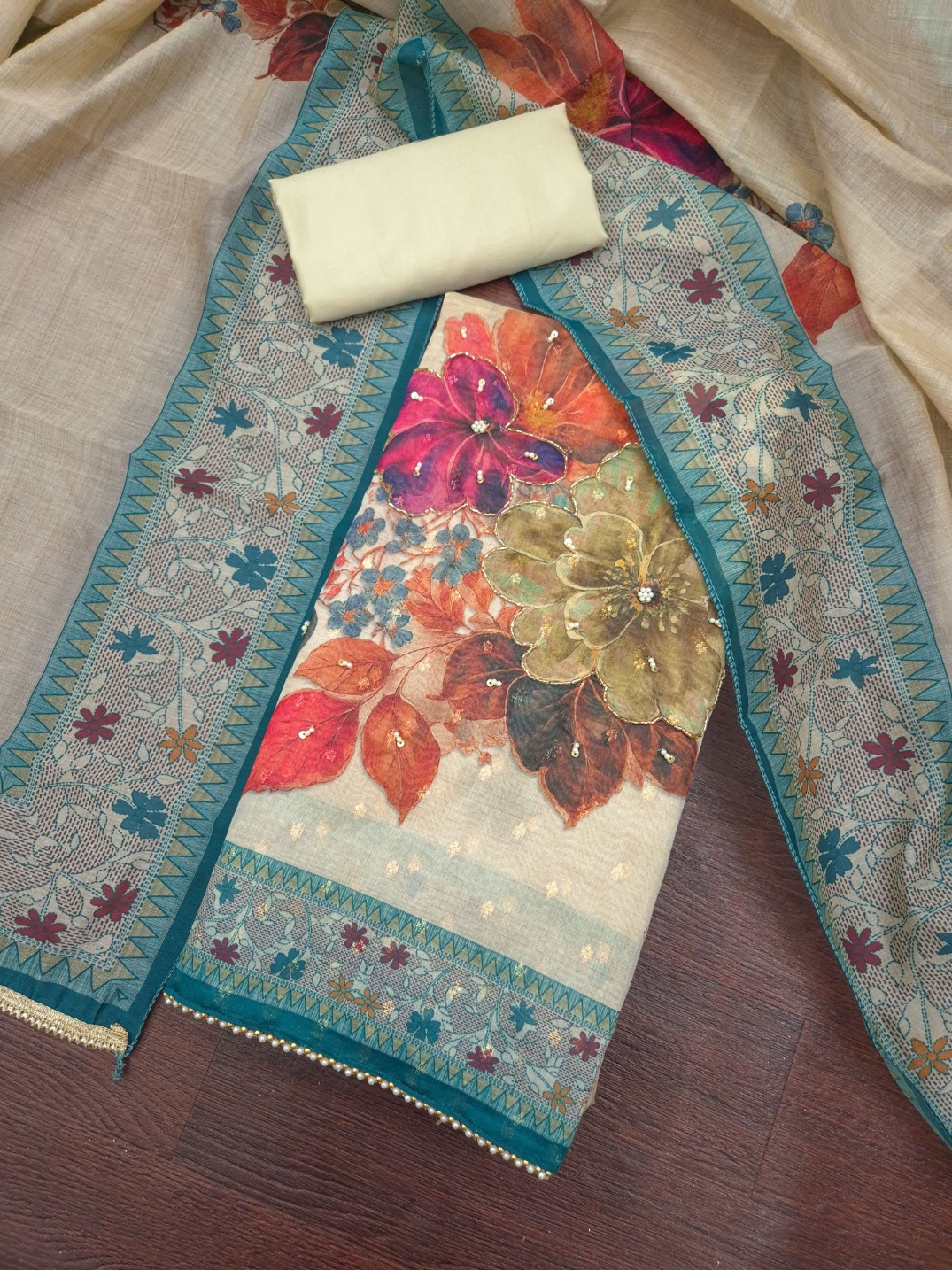 Teal Floral Hand Work Modal Cotton Salwar Suit