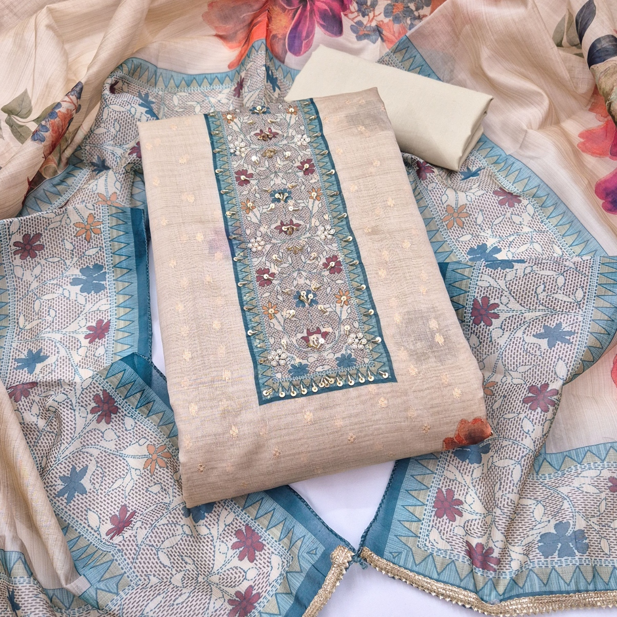 Teal Floral Hand Work Modal Cotton Salwar Suit
