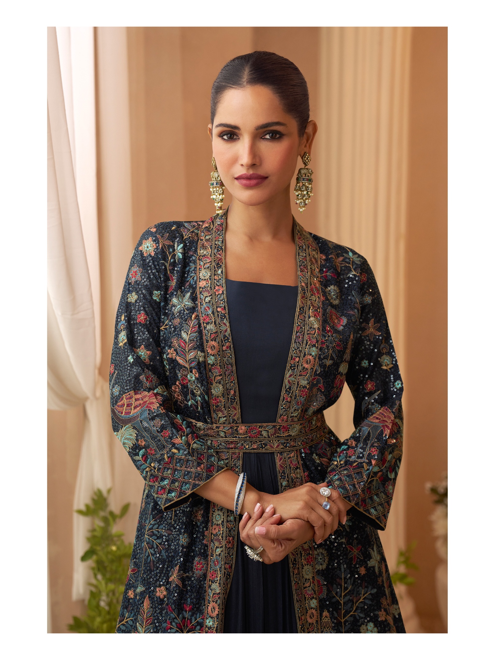 Teal Floral Heavy Designer Embroidery Chinon Jacket Gown — alternate view
