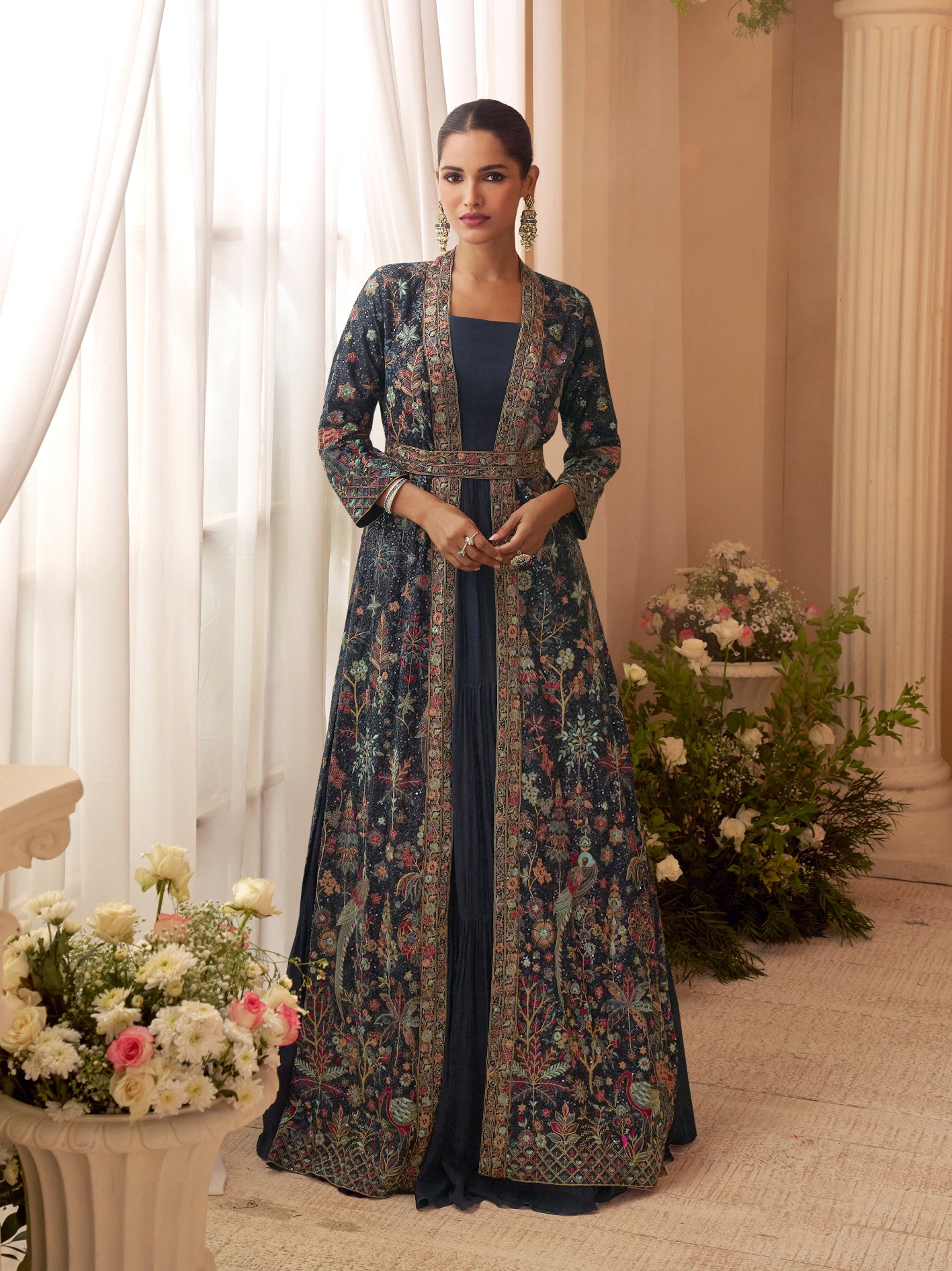 Teal Floral Heavy Designer Embroidery Chinon Jacket Gown