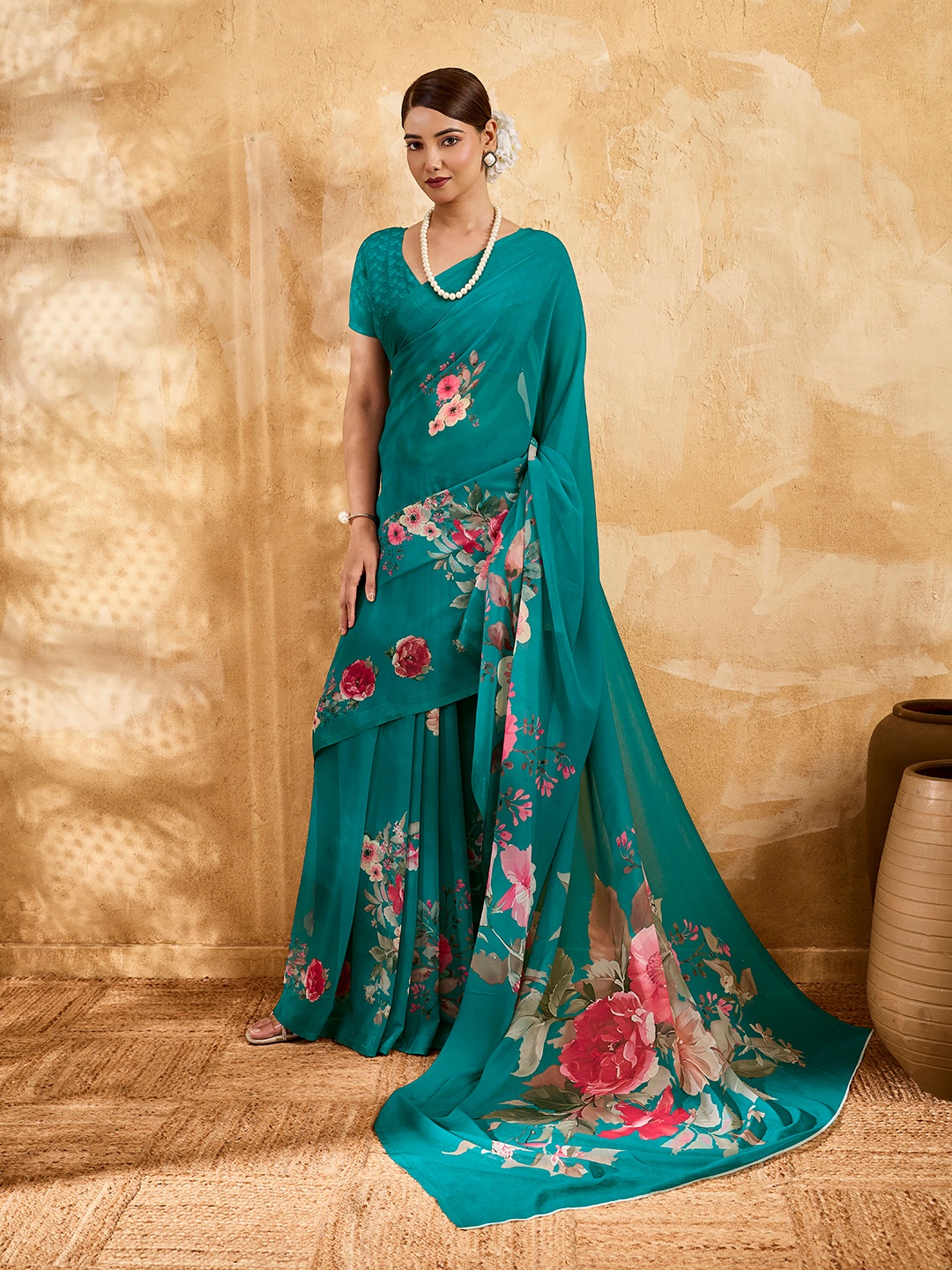 Teal Floral Printed Chiffon Saree