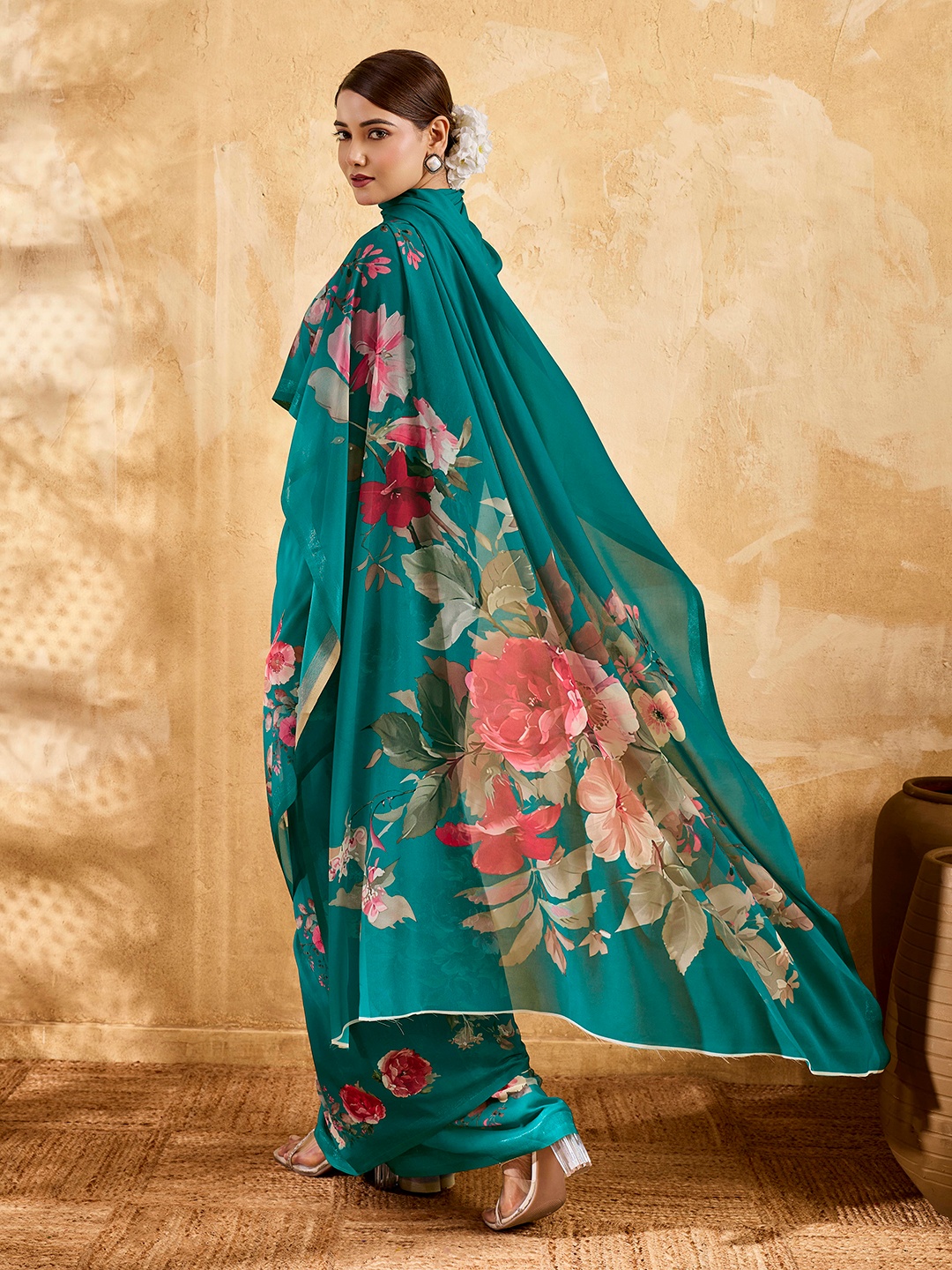 Teal Floral Printed Chiffon Saree — alternate view