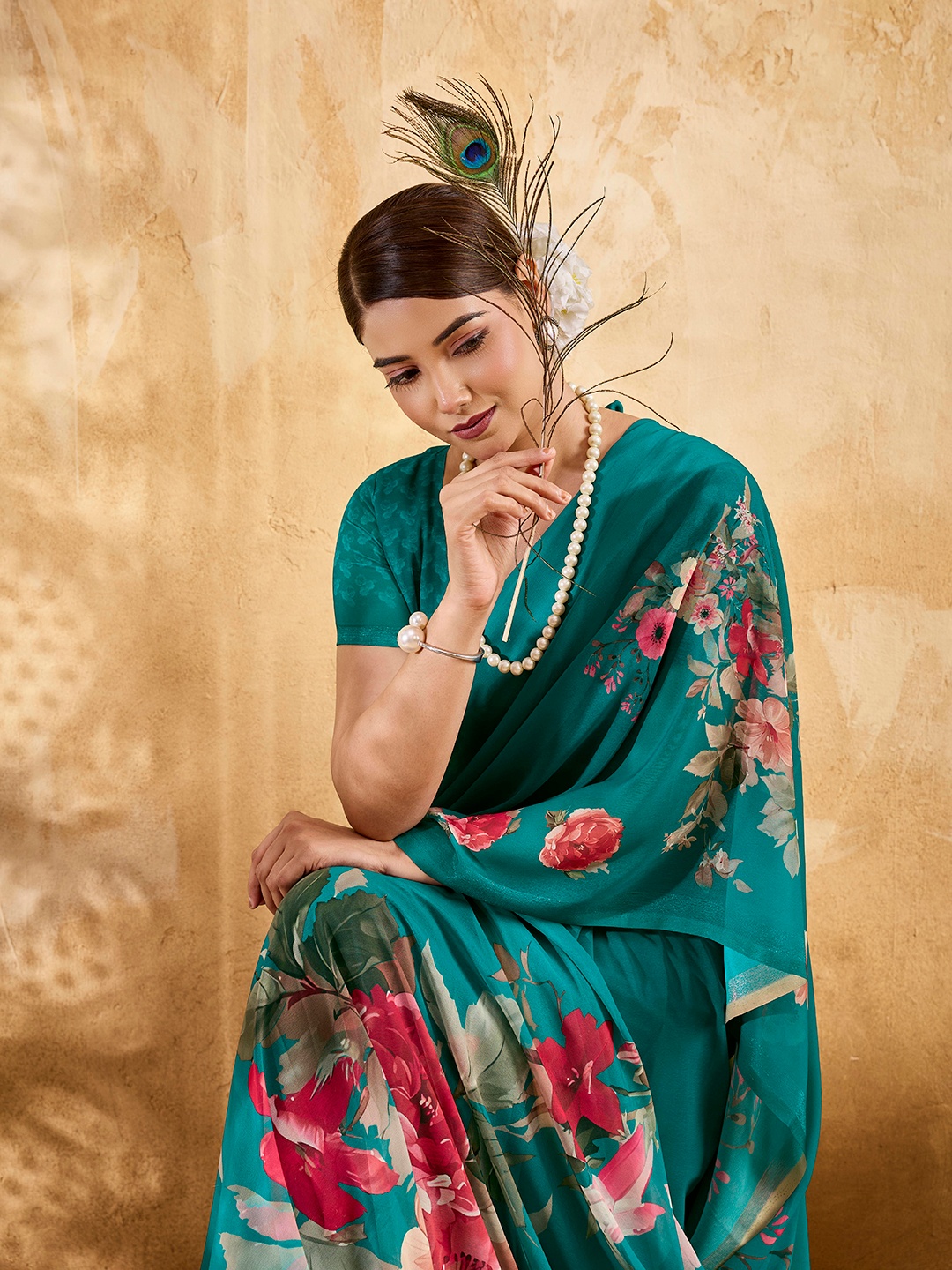 Teal Floral Printed Chiffon Saree