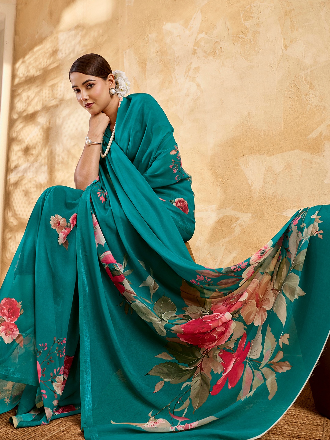 Teal Floral Printed Chiffon Saree