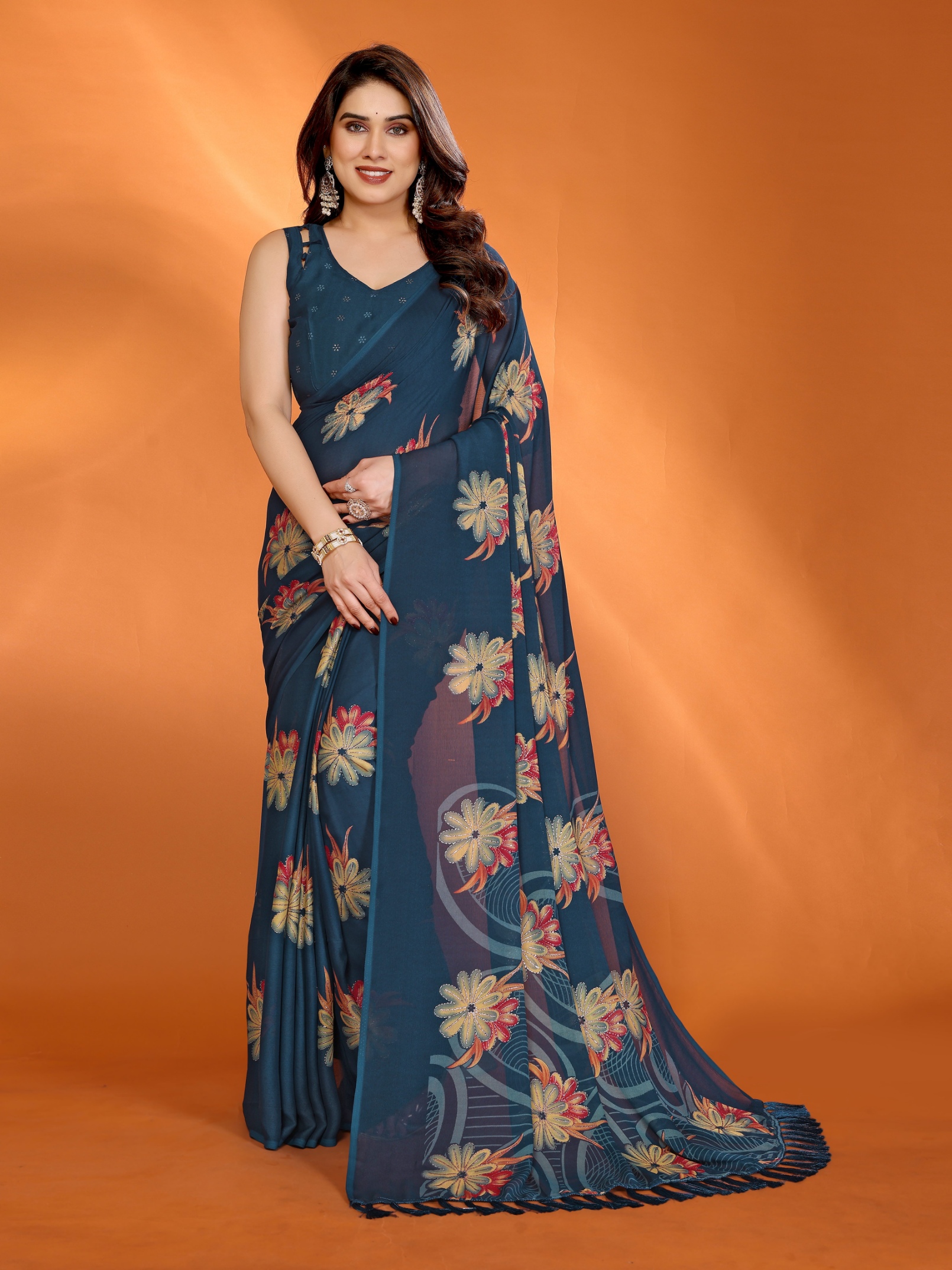 Teal Floral Printed Work Bright Moss Satin Saree