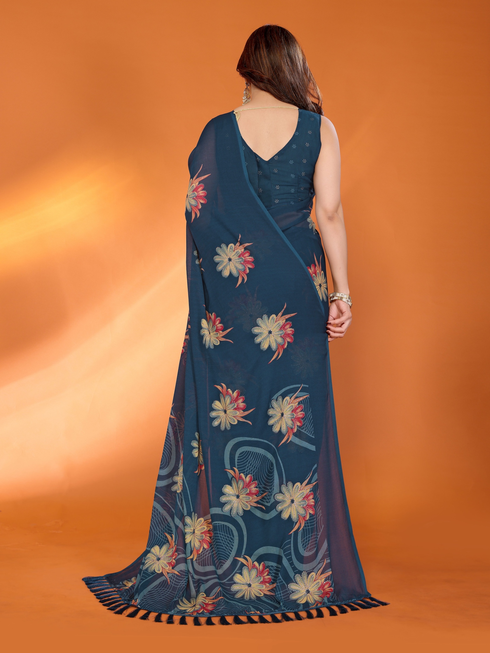 Teal Floral Printed Work Bright Moss Satin Saree — alternate view