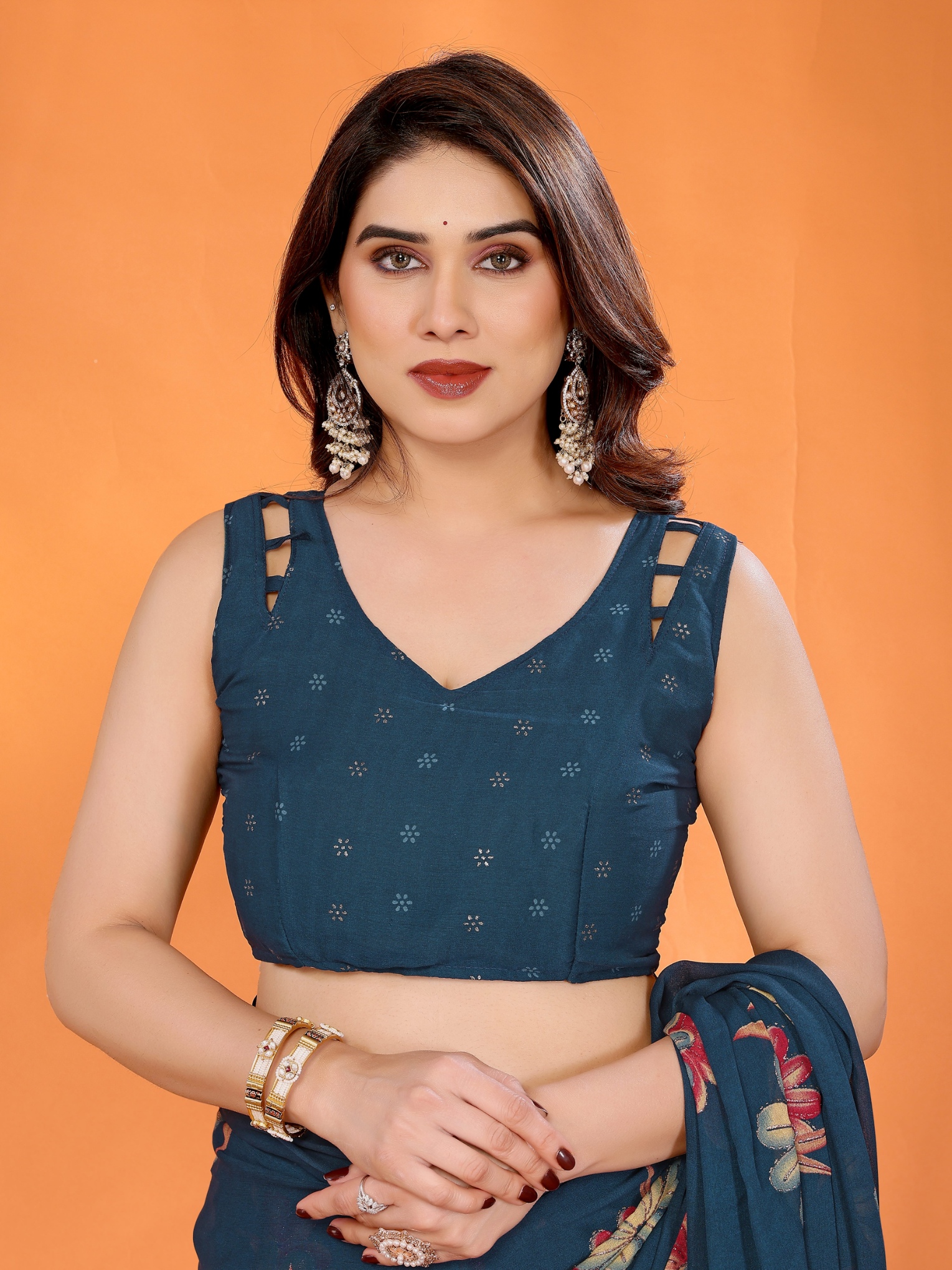 Teal Floral Printed Work Bright Moss Satin Saree