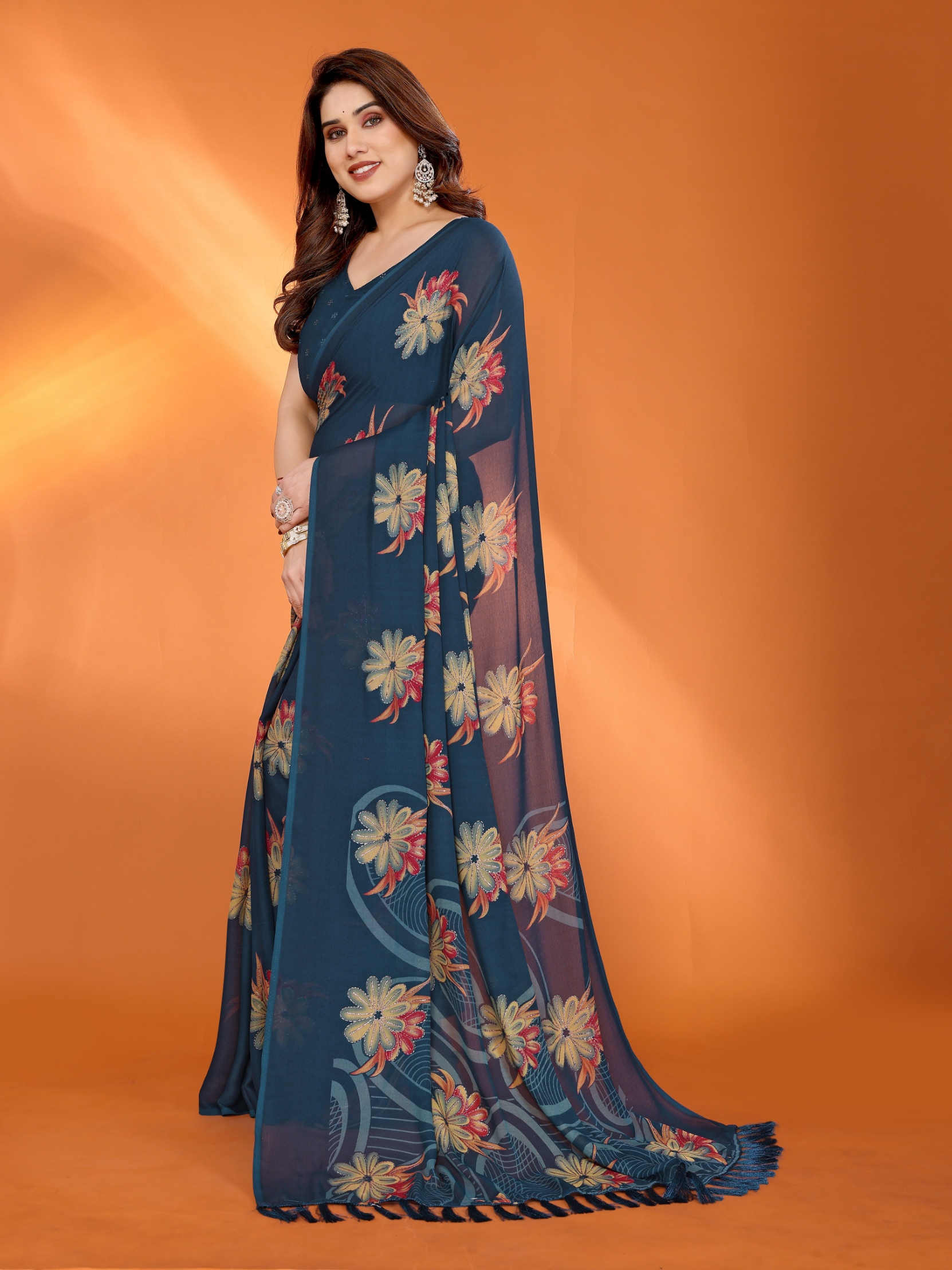 Teal Floral Printed Work Bright Moss Satin Saree