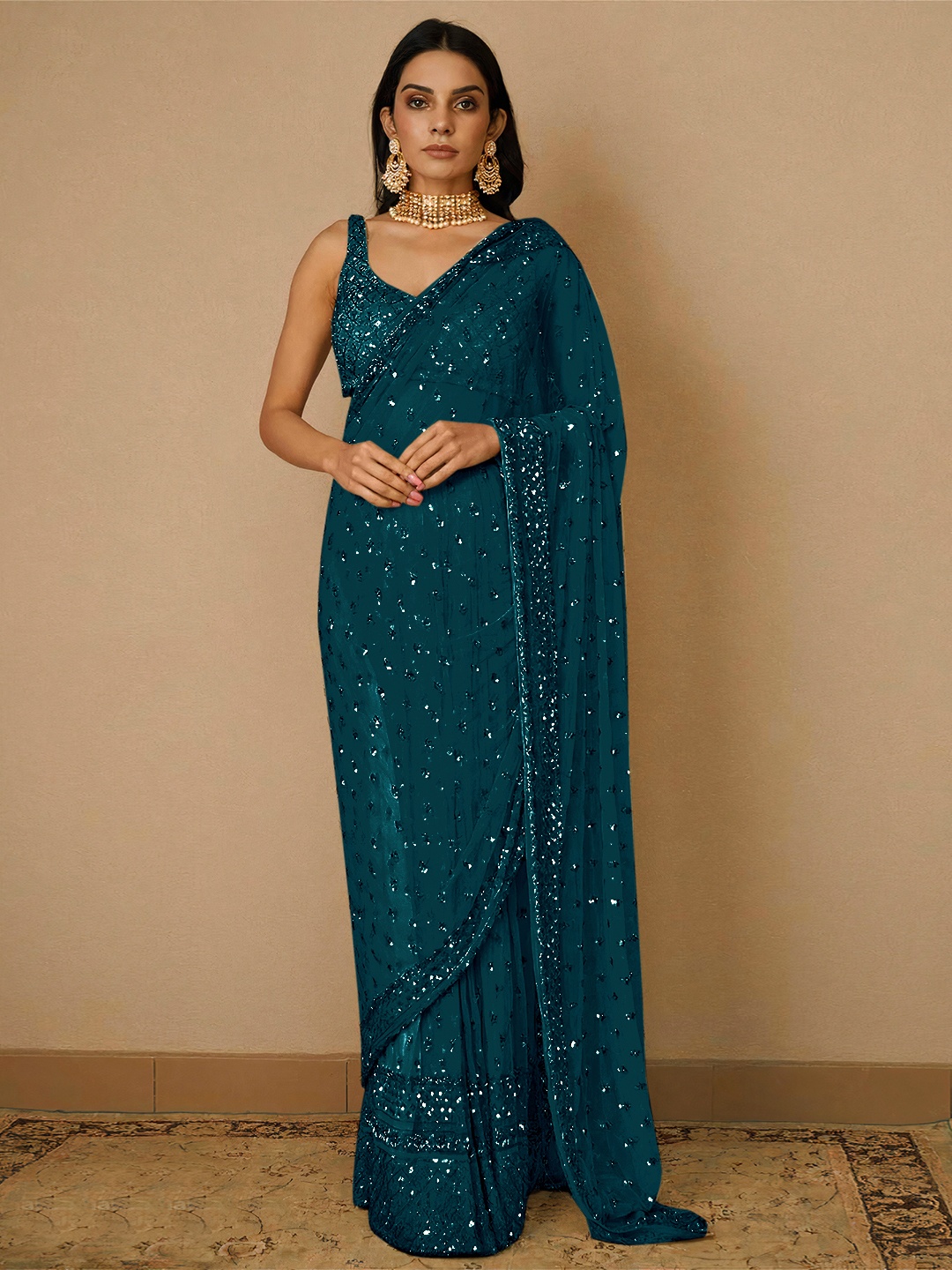 Teal Floral Sequin Net Saree