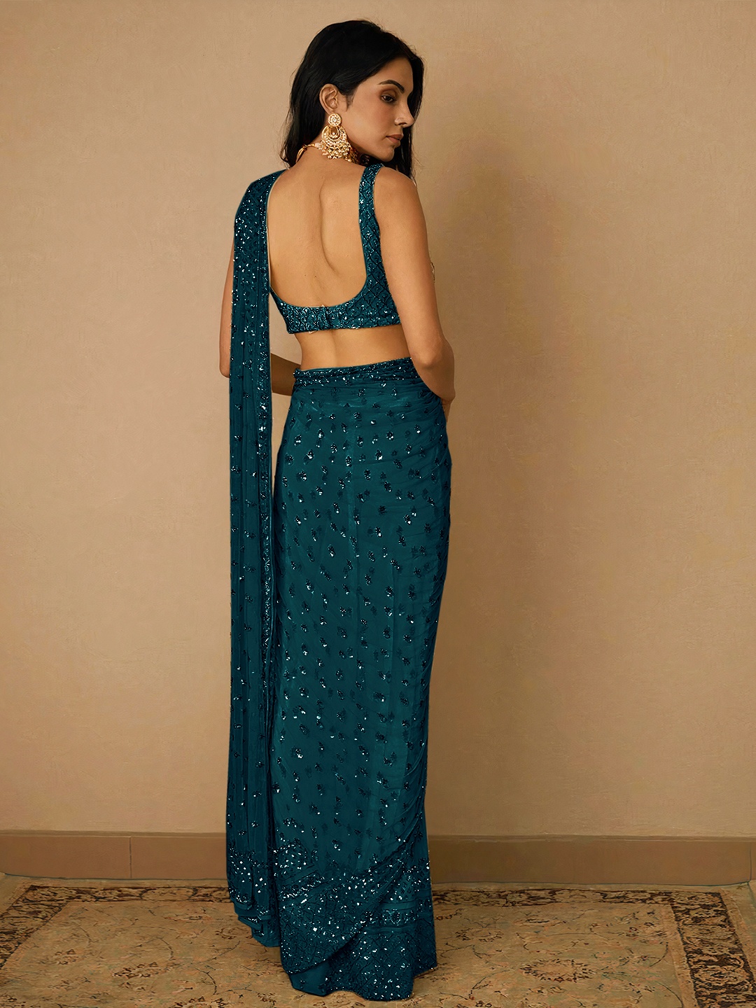 Teal Floral Sequin Net Saree — alternate view