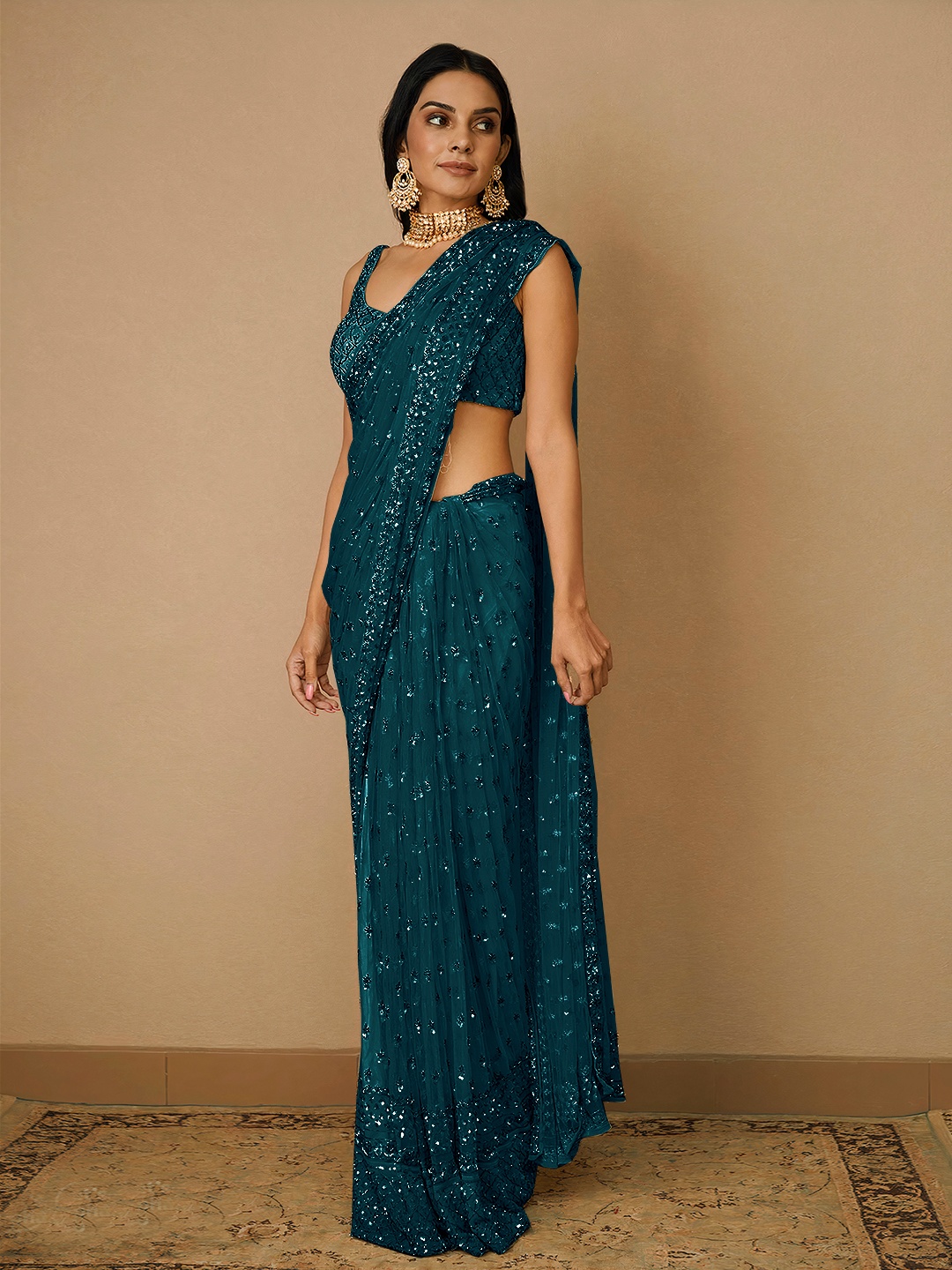 Teal Floral Sequin Net Saree