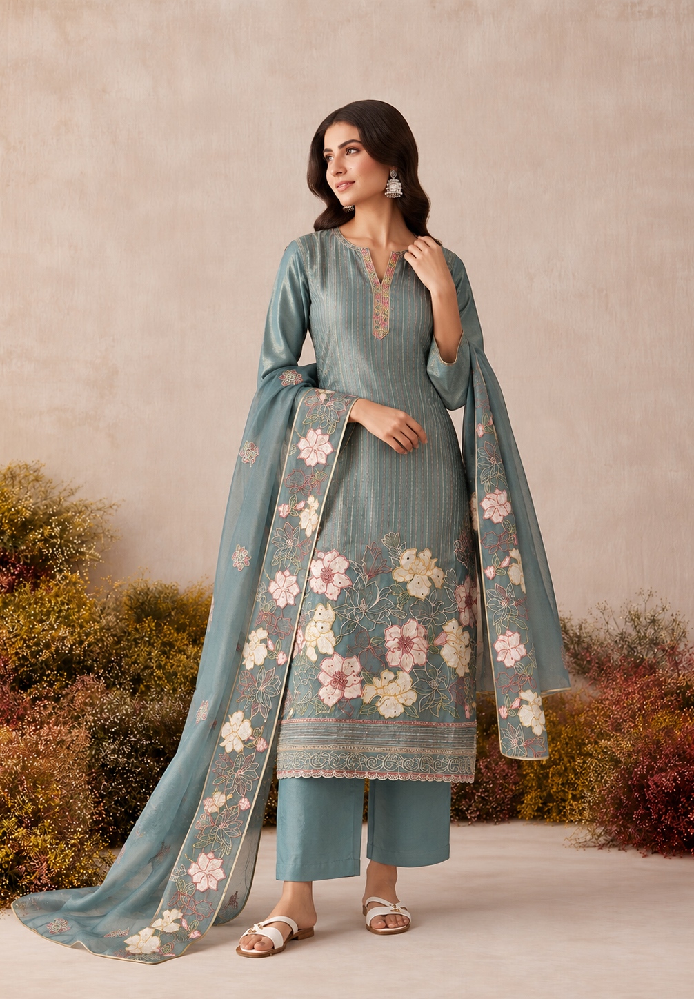 Teal Floral Sequins Shimmer Silk Salwar Suit