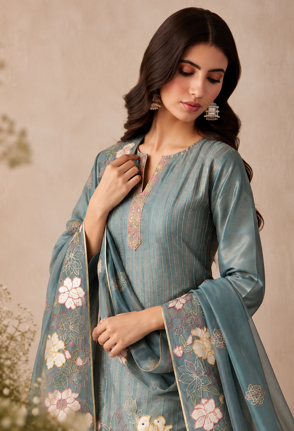 Teal Floral Sequins Shimmer Silk Salwar Suit — alternate view