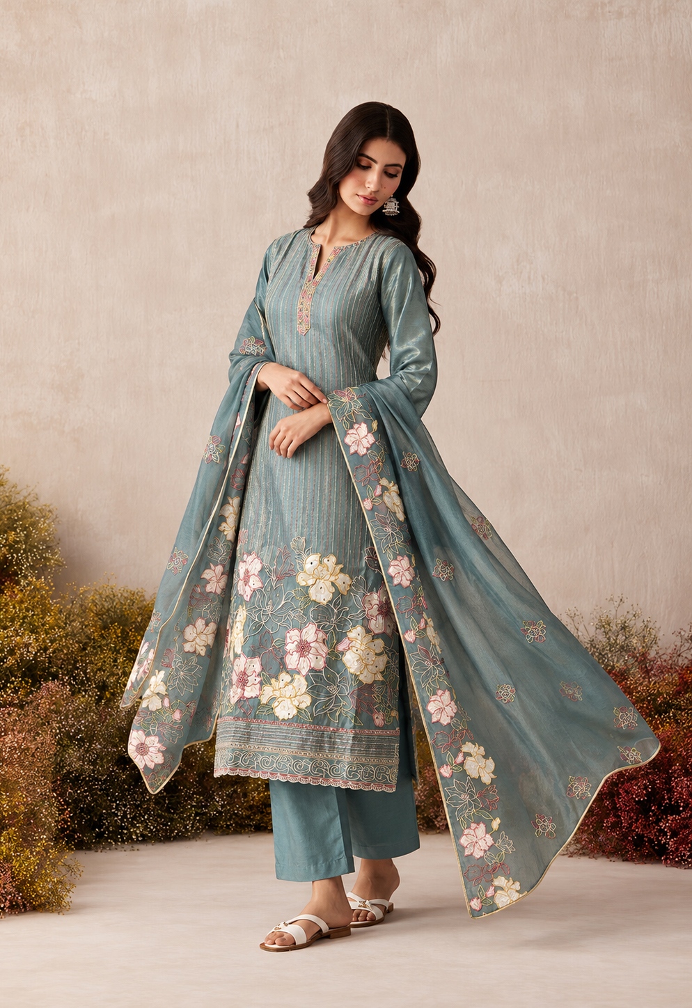 Teal Floral Sequins Shimmer Silk Salwar Suit
