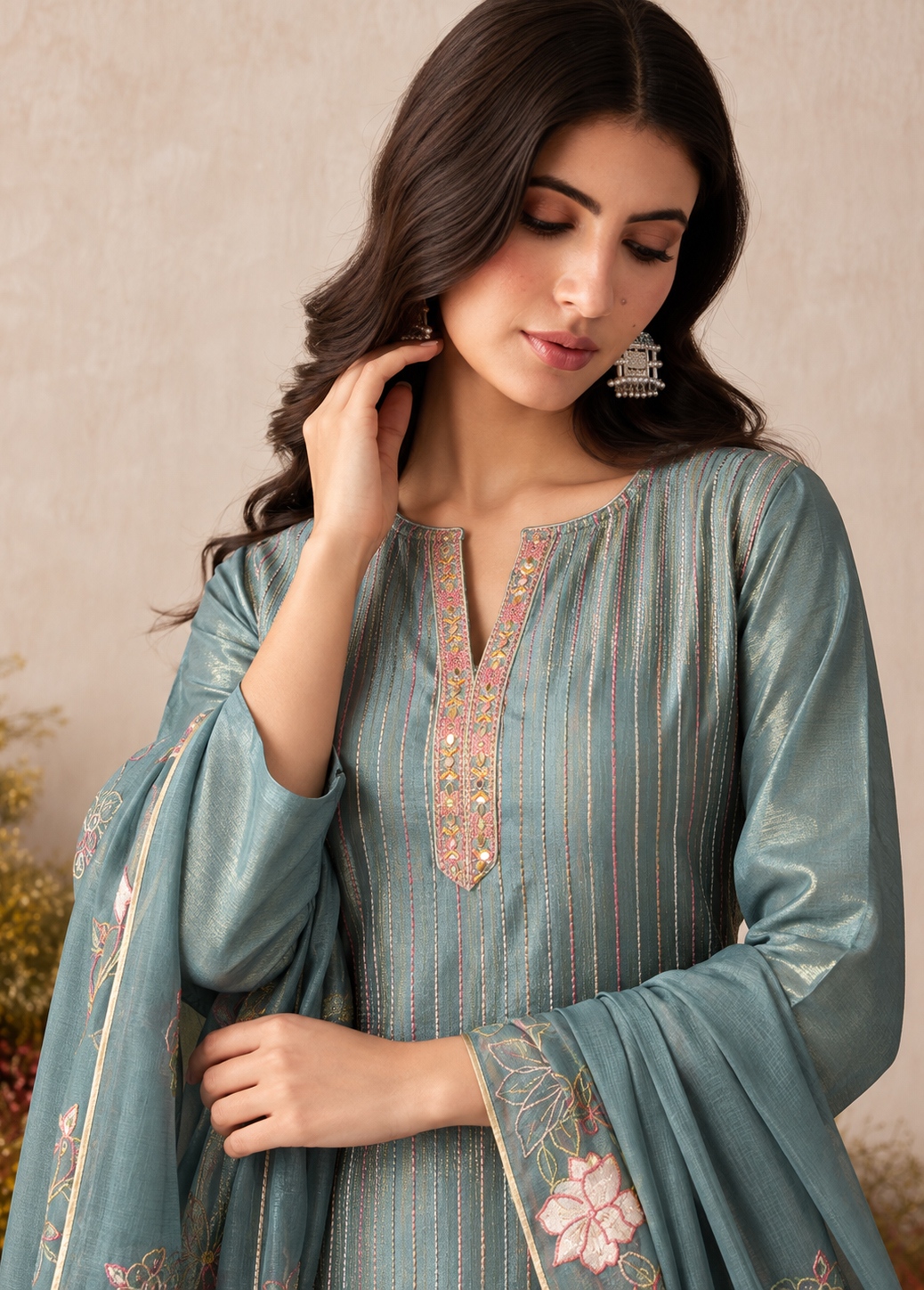 Teal Floral Sequins Shimmer Silk Salwar Suit