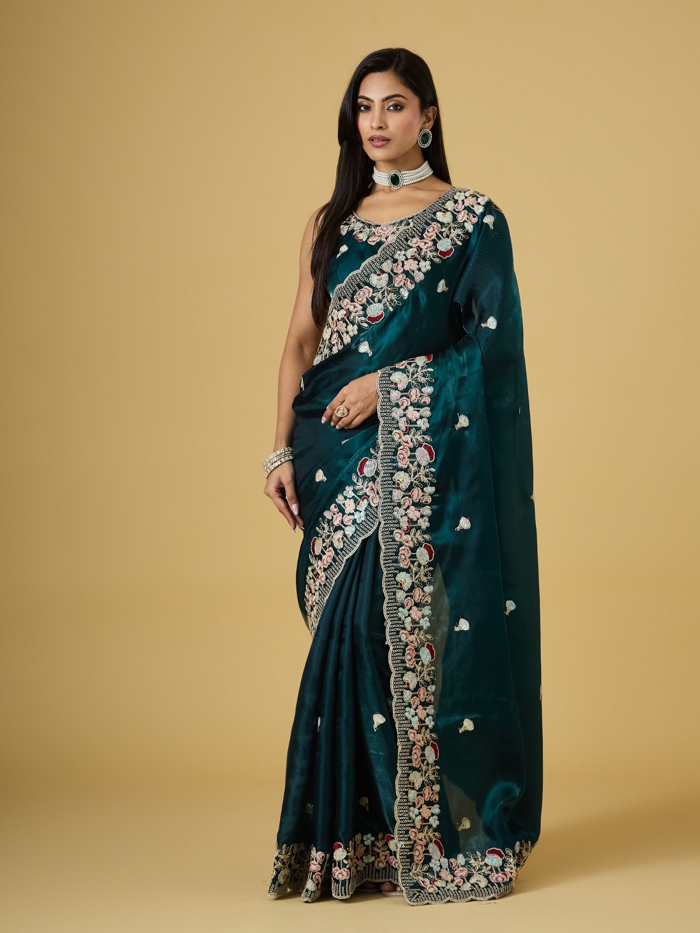 Teal Floral Thread Embroidery Jimmy Choo Saree