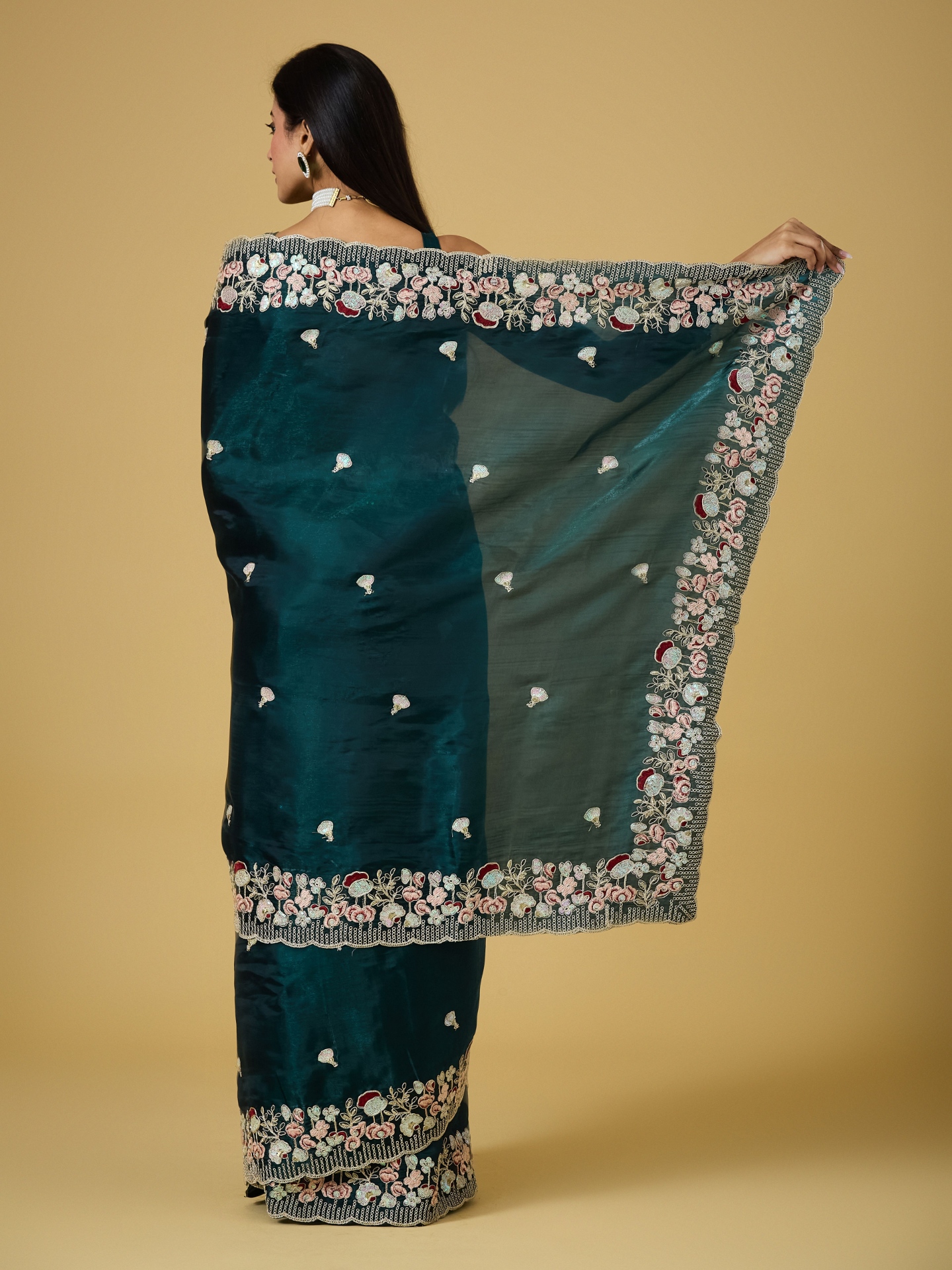 Teal Floral Thread Embroidery Jimmy Choo Saree — alternate view