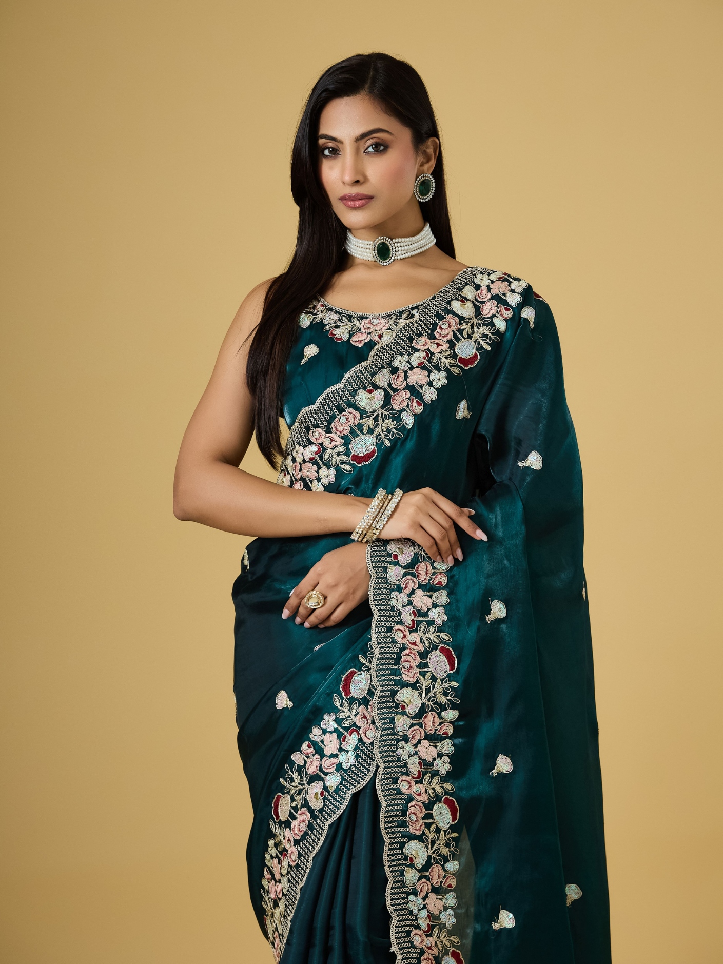 Teal Floral Thread Embroidery Jimmy Choo Saree