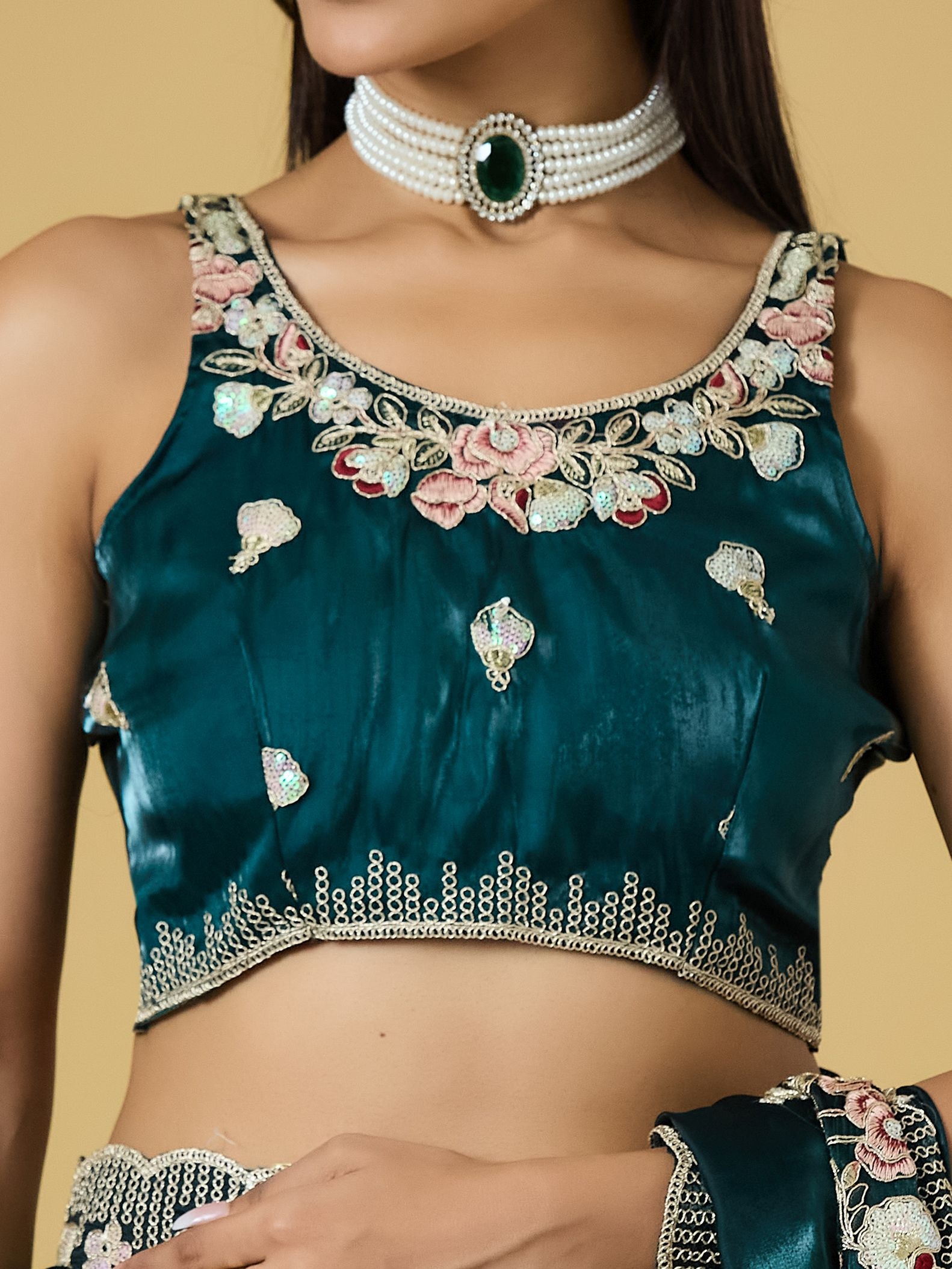 Teal Floral Thread Embroidery Jimmy Choo Saree