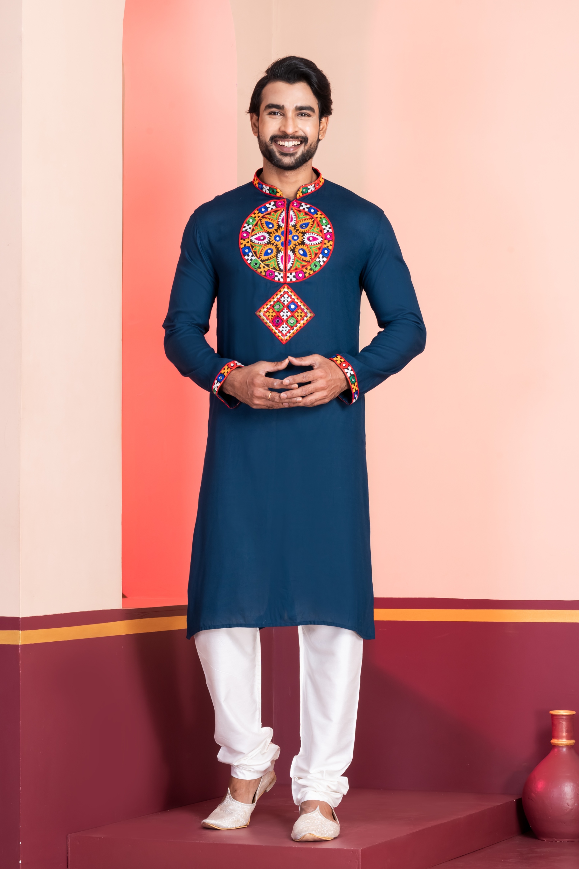 Teal Geometric Embroidery Rayon Kurta Pyjama