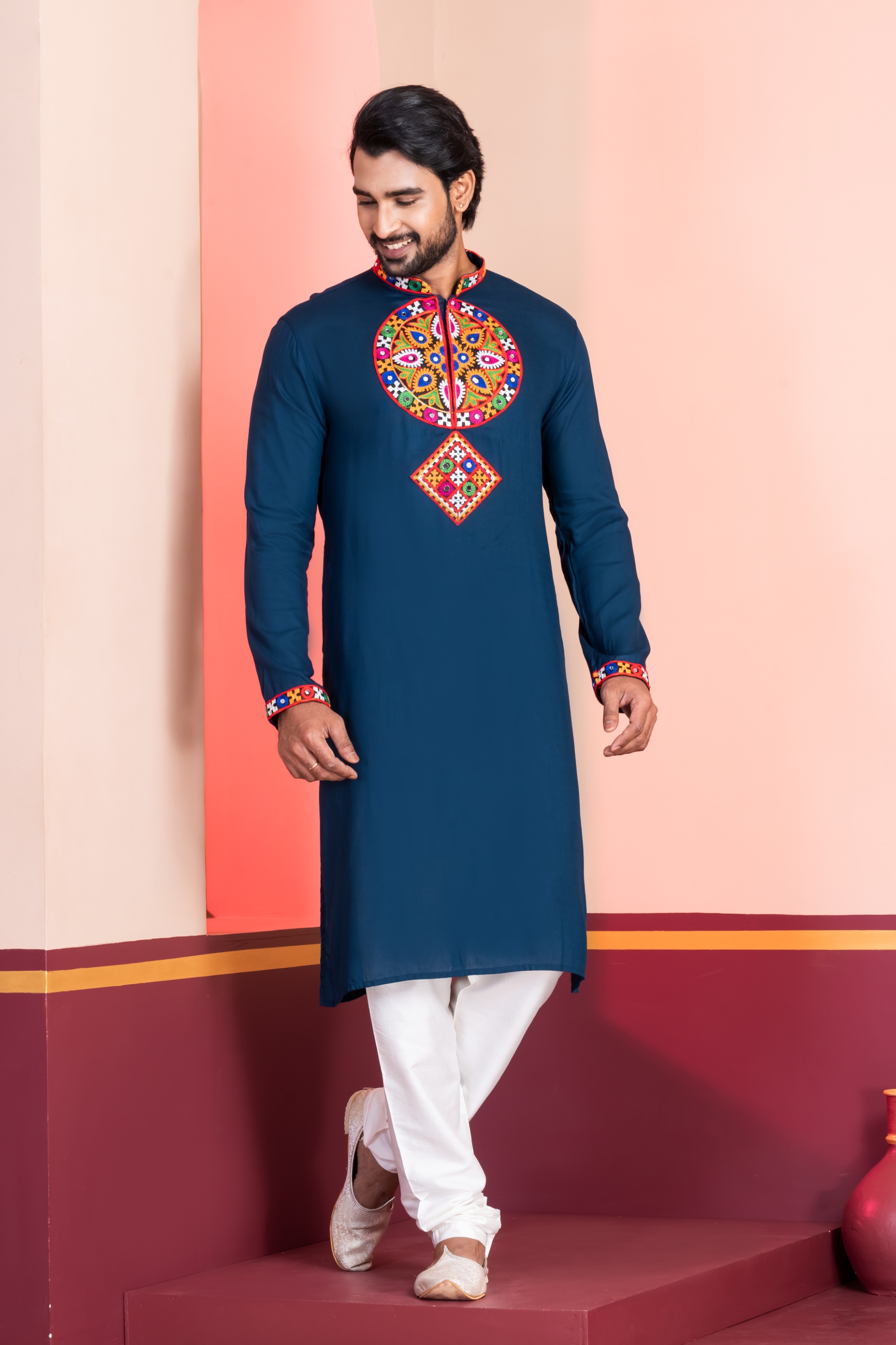 Teal Geometric Embroidery Rayon Kurta Pyjama