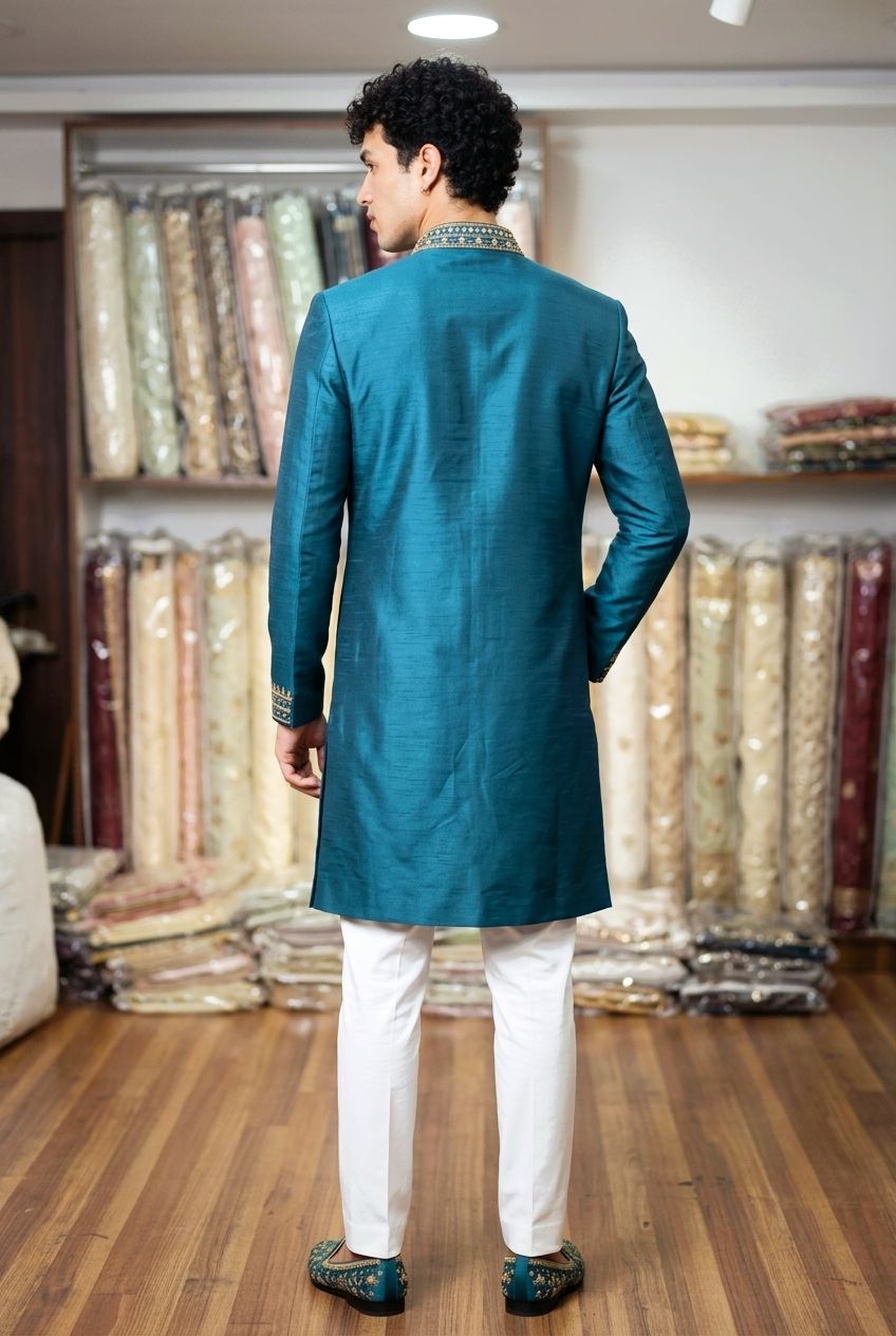 Teal Geometric Embroidery Roman Silk Kurta Pyjama — alternate view