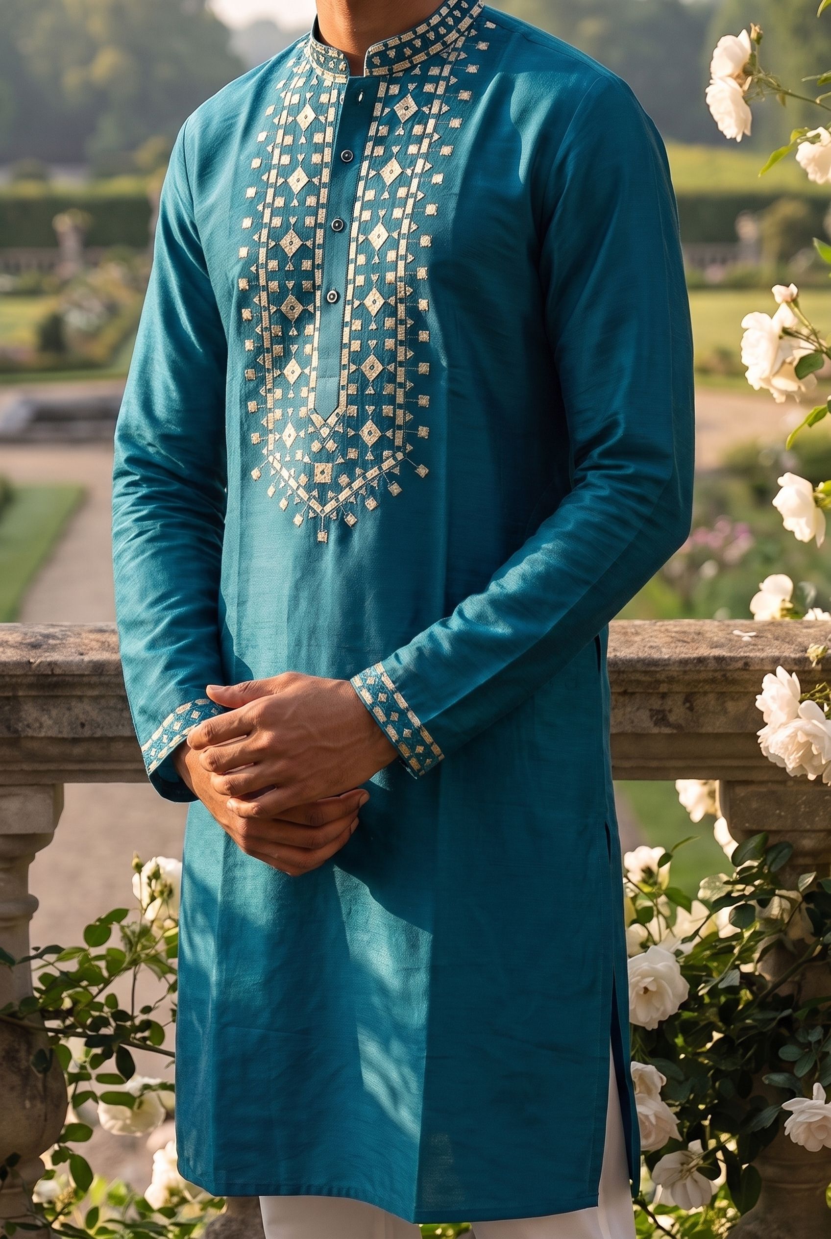 Teal Geometric Embroidery Roman Silk Kurta Pyjama