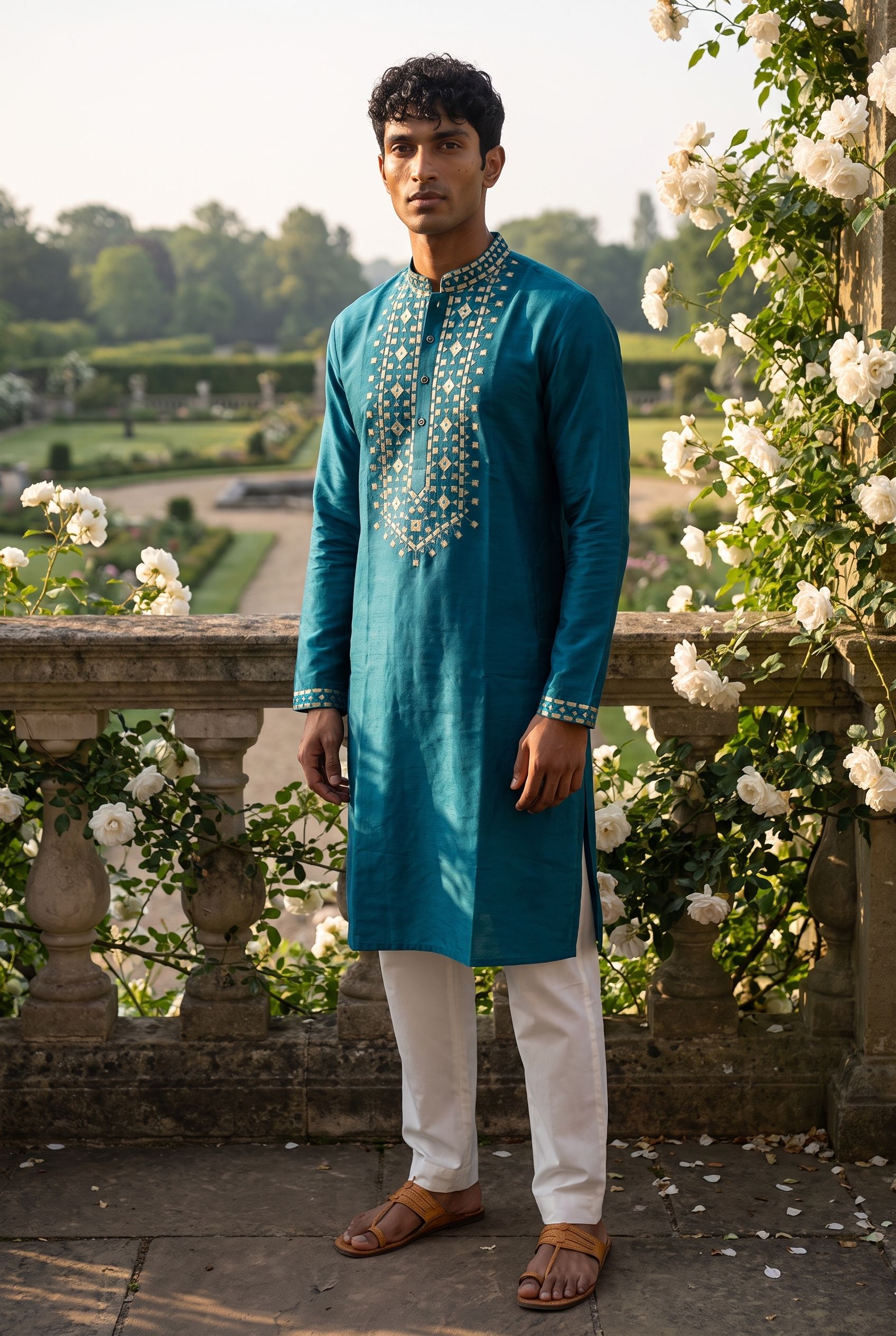Teal Geometric Embroidery Roman Silk Kurta Pyjama
