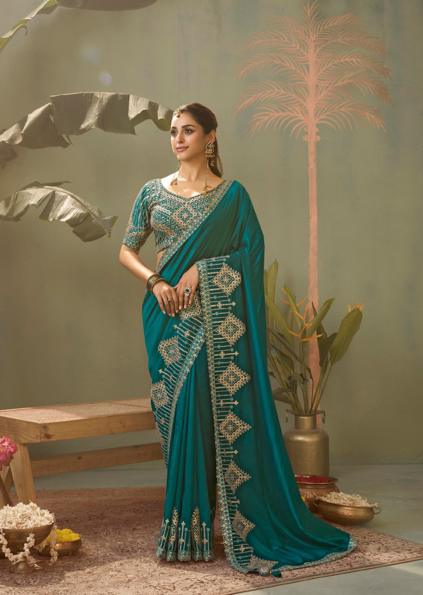 Teal Geometric Gota Patti Bamber Silk Saree