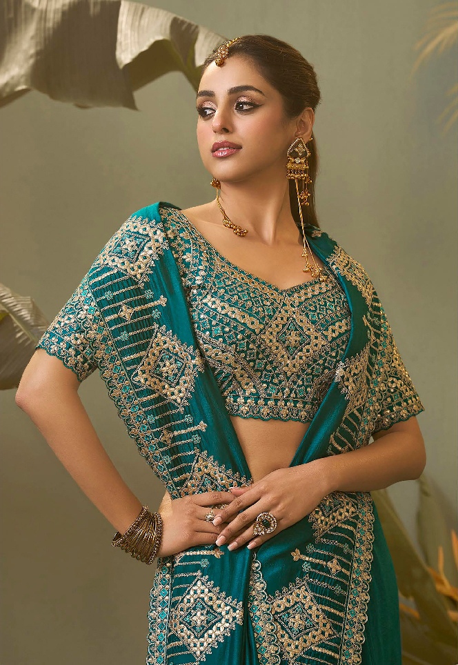 Teal Geometric Gota Patti Bamber Silk Saree — alternate view