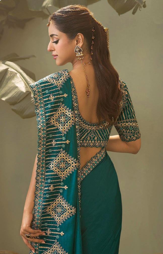 Teal Geometric Gota Patti Bamber Silk Saree
