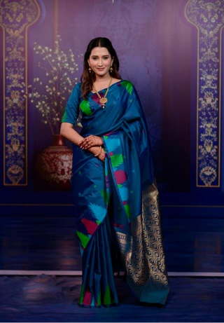 Teal Geometric Jacquard Work Soft Silk Saree