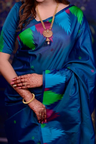 Teal Geometric Jacquard Work Soft Silk Saree