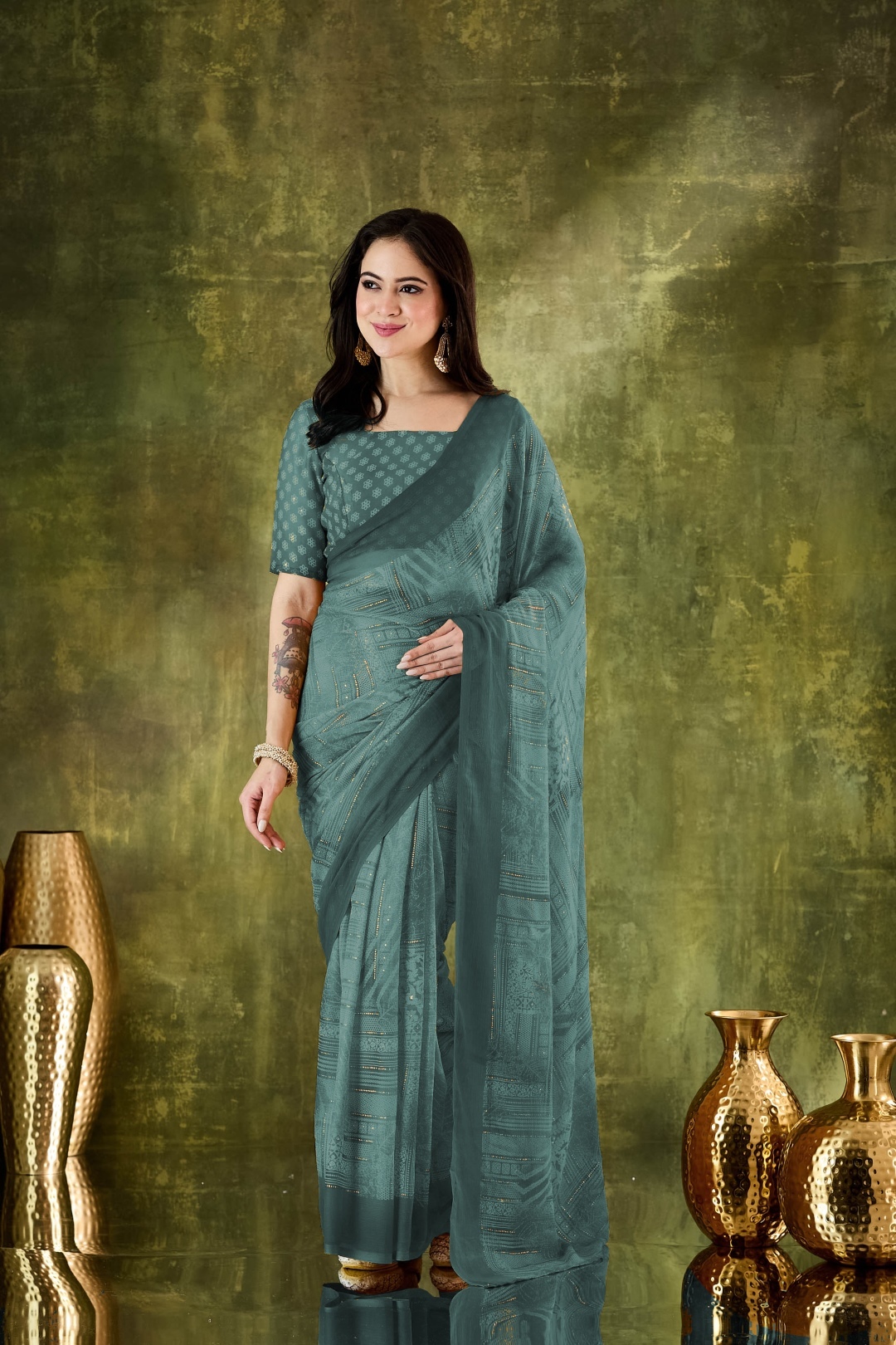 Teal Geometric Printed Chiffon Ready To Wear Saree