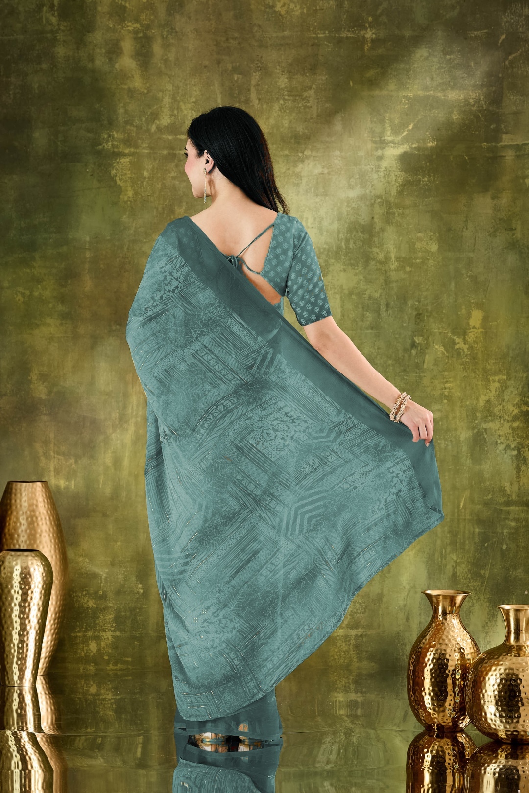 Teal Geometric Printed Chiffon Ready To Wear Saree — alternate view