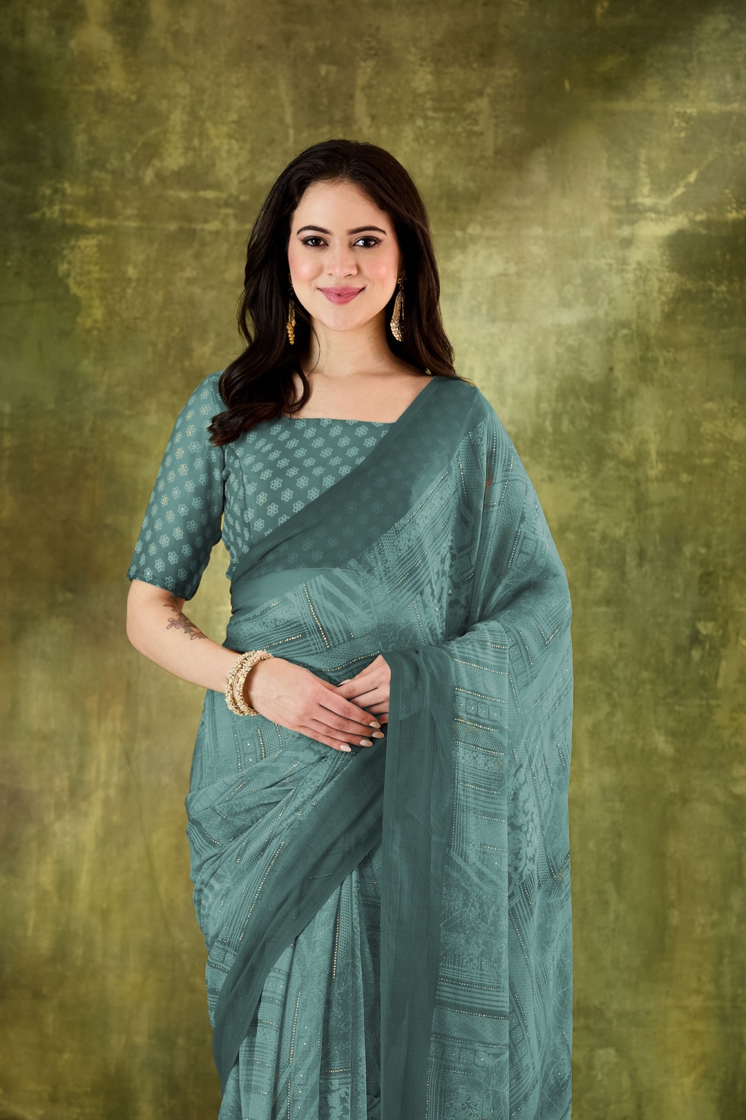 Teal Geometric Printed Chiffon Ready To Wear Saree