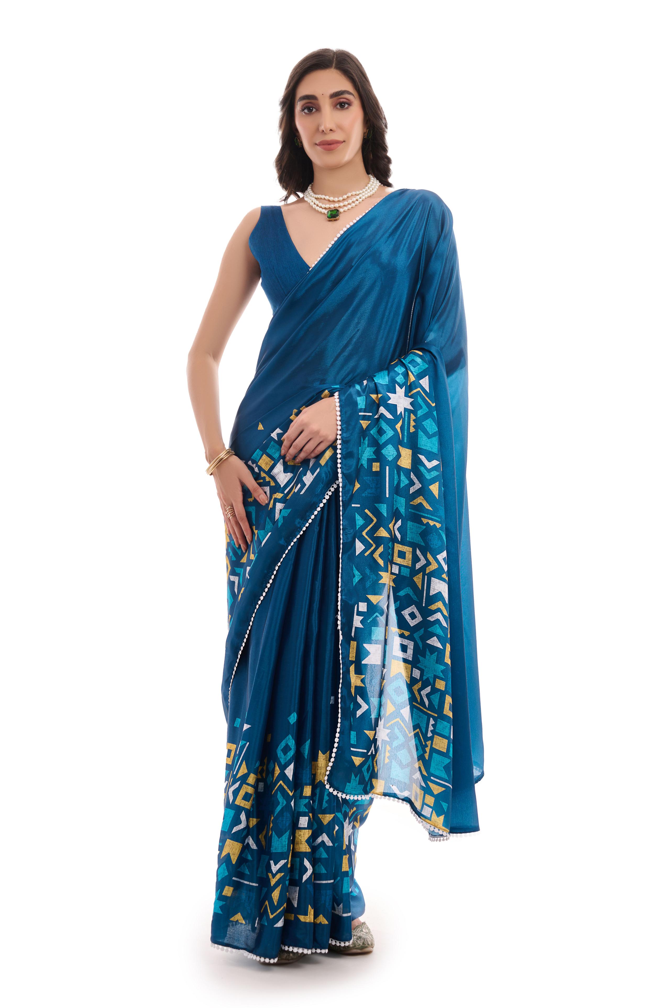 Teal Geometric Printed Chinon Ready To Wear Saree