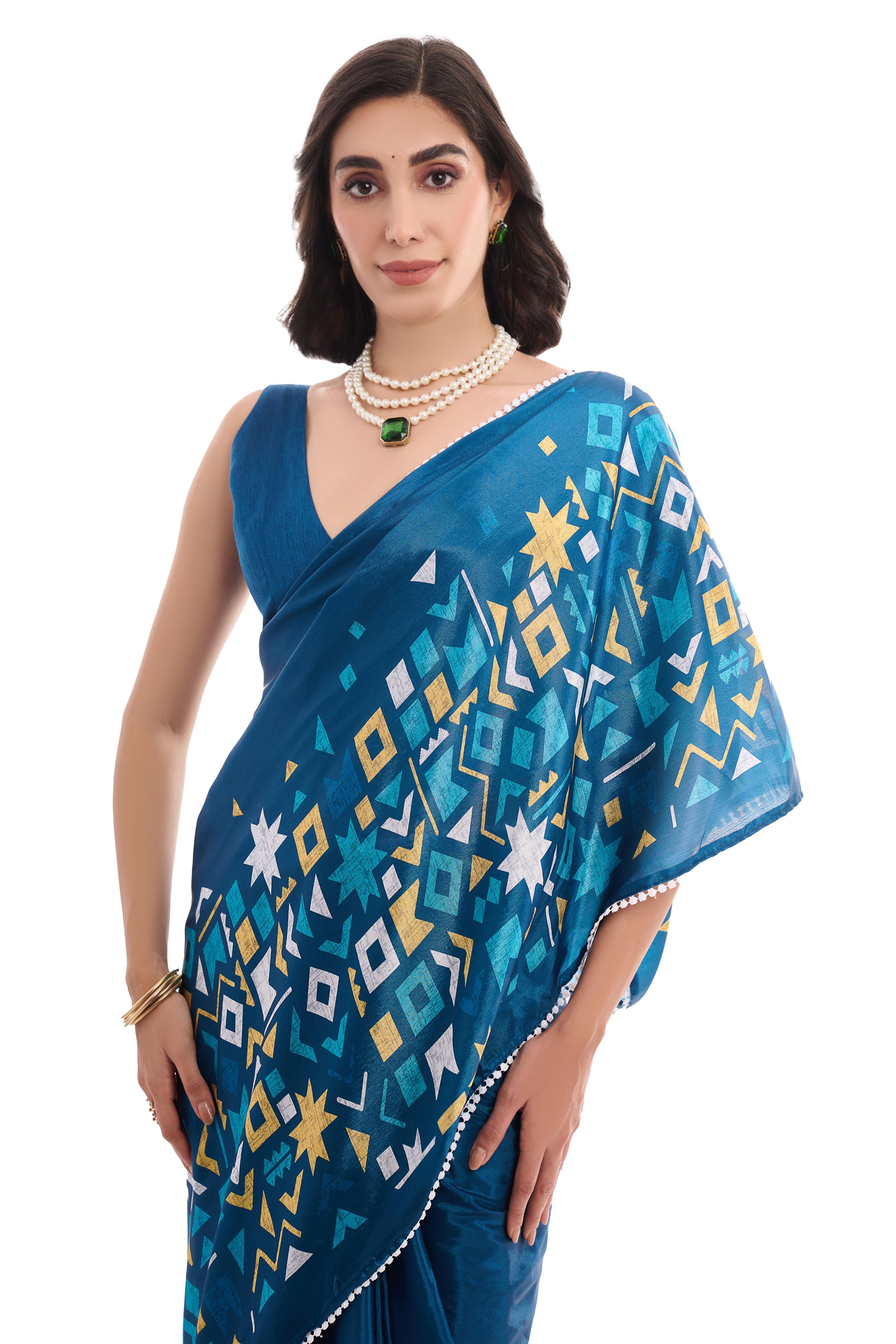 Teal Geometric Printed Chinon Ready To Wear Saree — alternate view